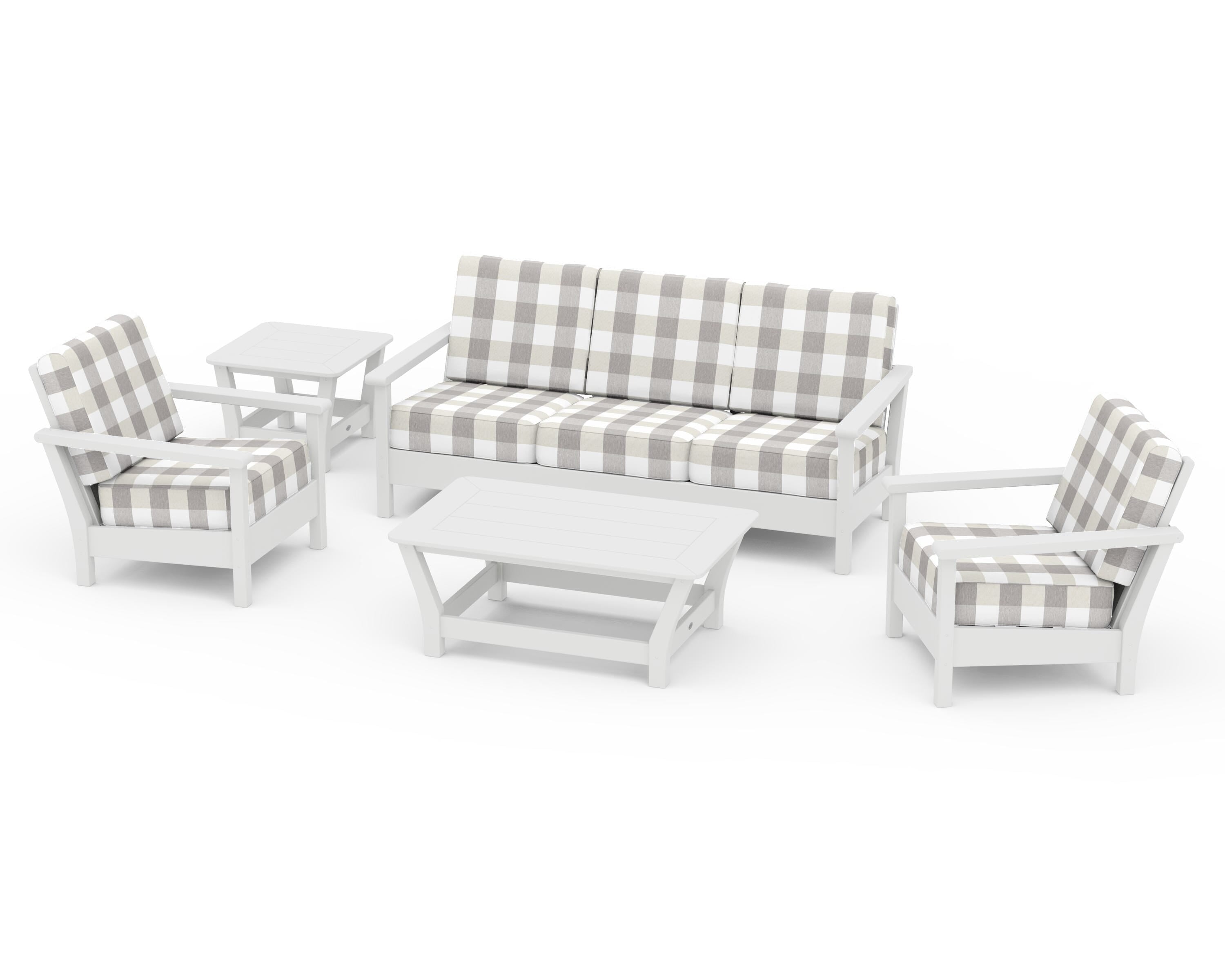POLYWOOD® Harbour 5-Piece Deep Seating Set in White / Buffalo Plaid Grey Mist