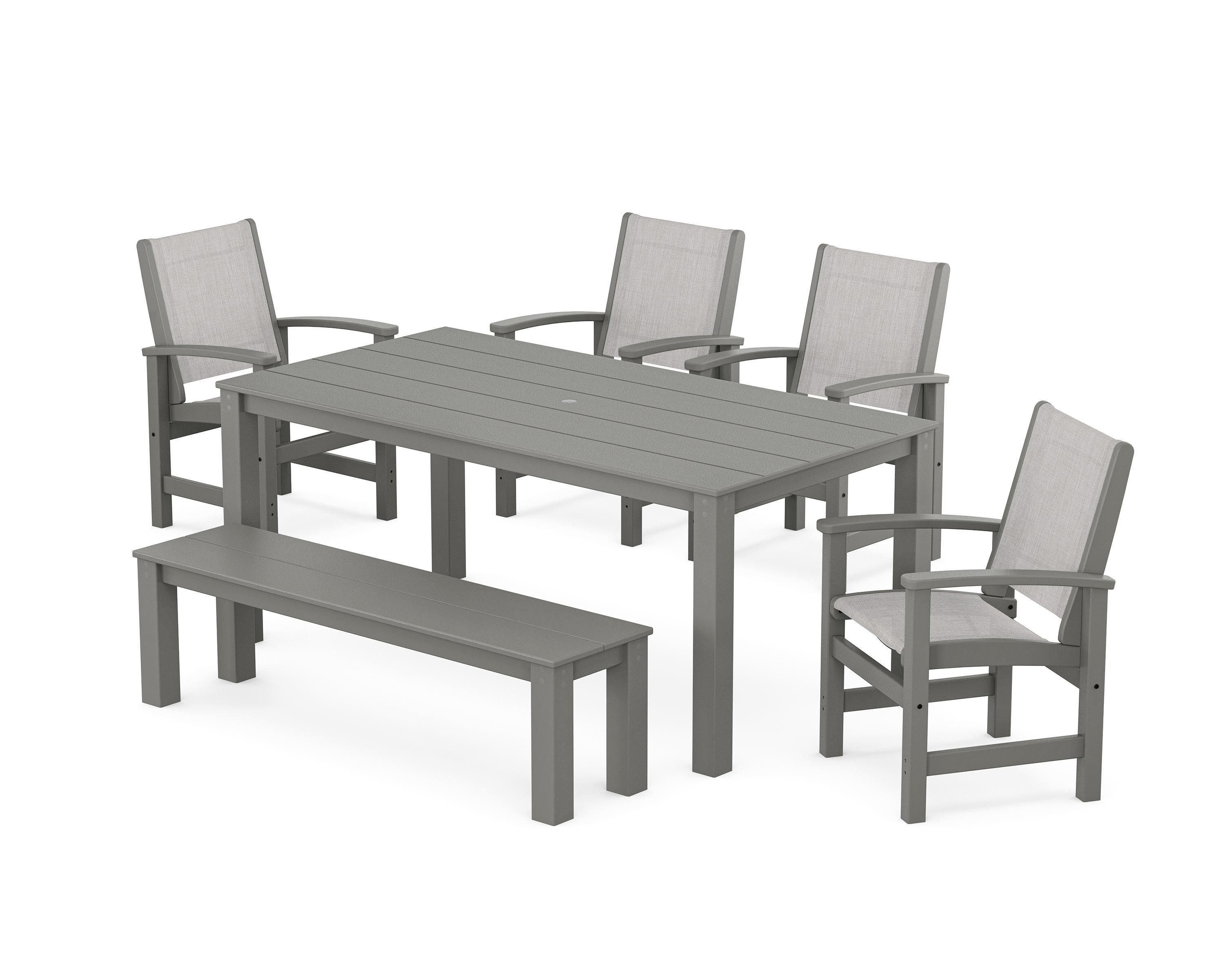 POLYWOOD® Coastal 6-Piece Parsons Dining Set with Bench in Teak / Dupioni Apricot Sling