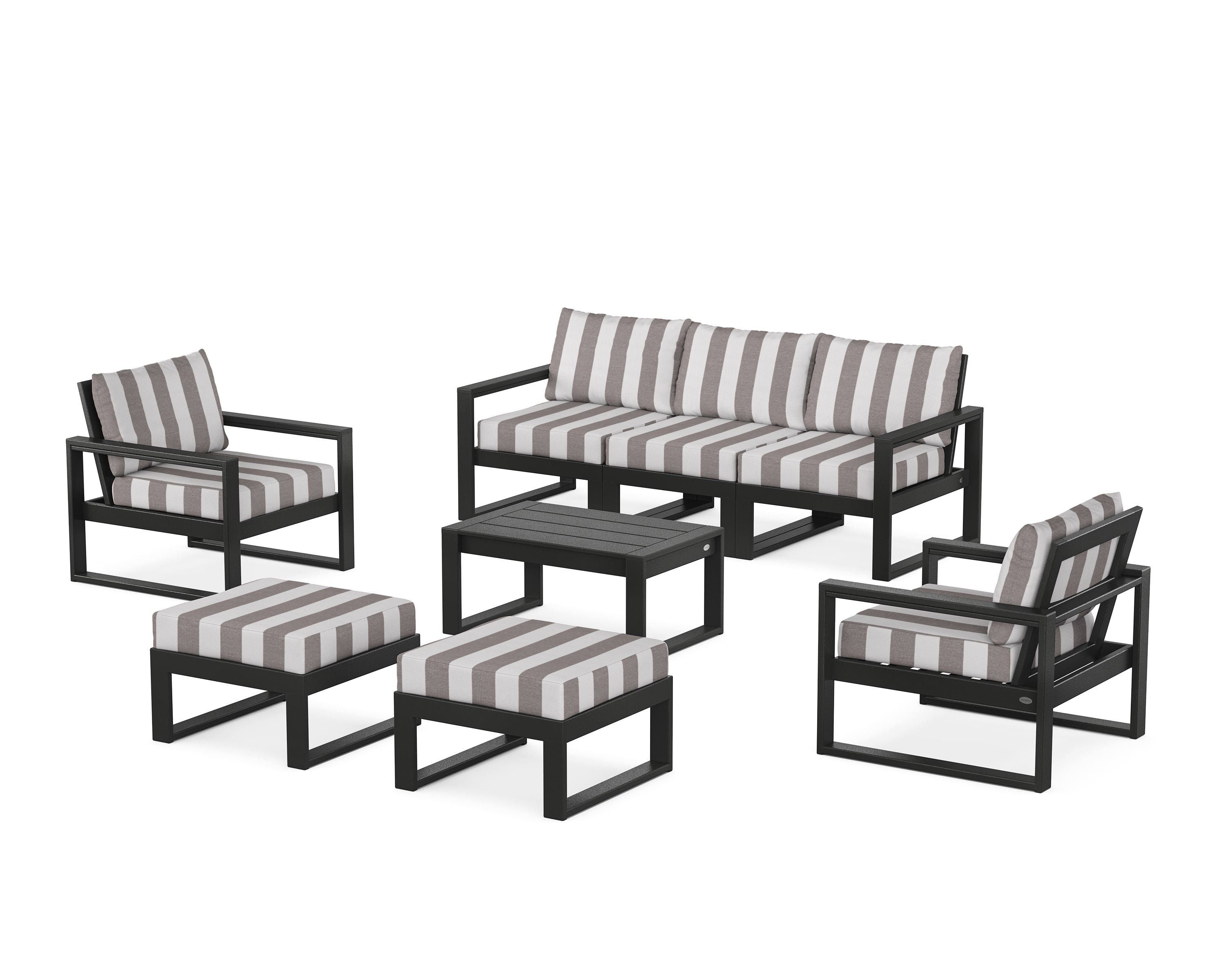 POLYWOOD® EDGE Sectional 8-Piece Lounge Sofa Set in Black / Cabana Stripe Grey Mist