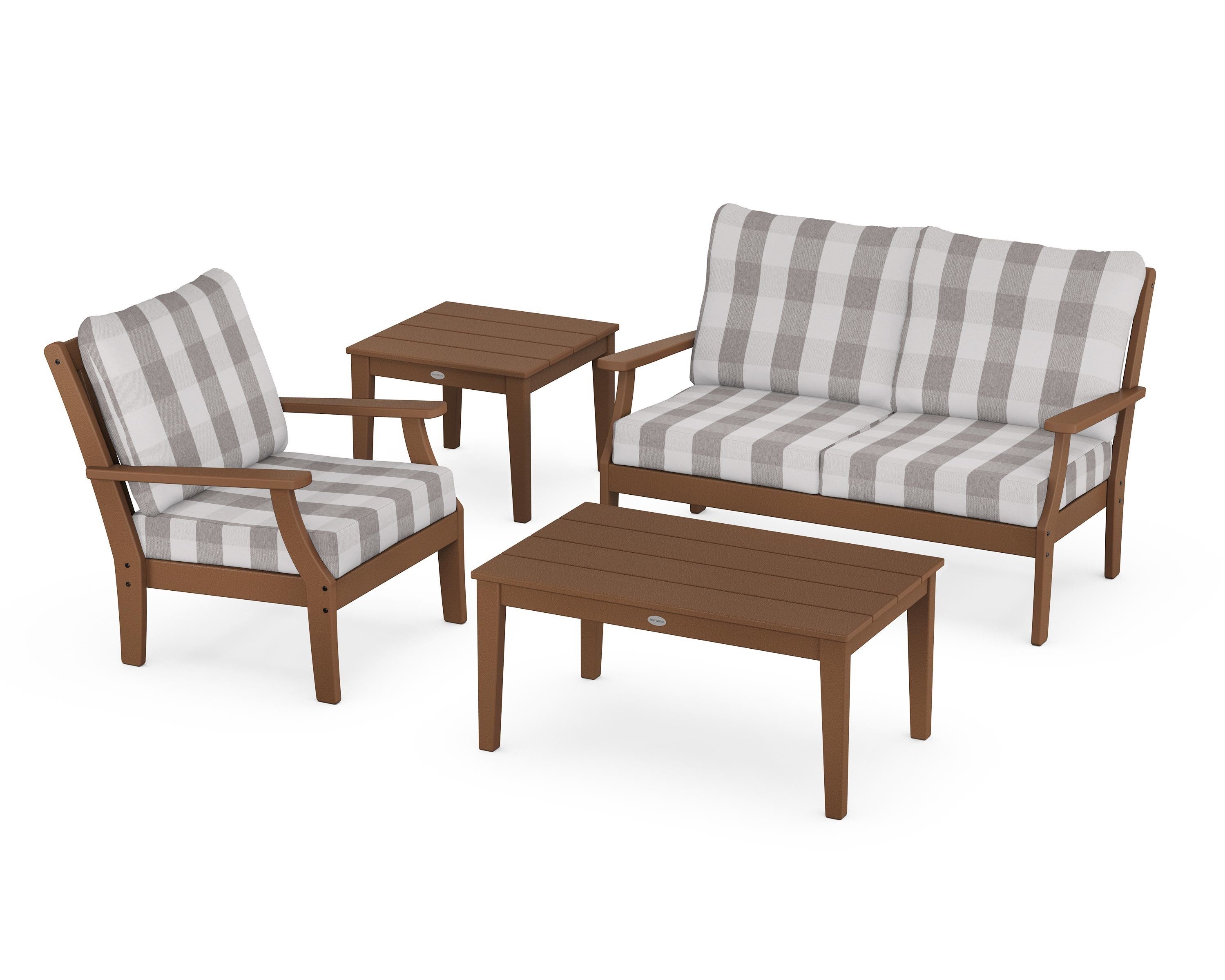 POLYWOOD® Braxton 4-Piece Deep Seating Set in Teak / Buffalo Plaid Grey Mist