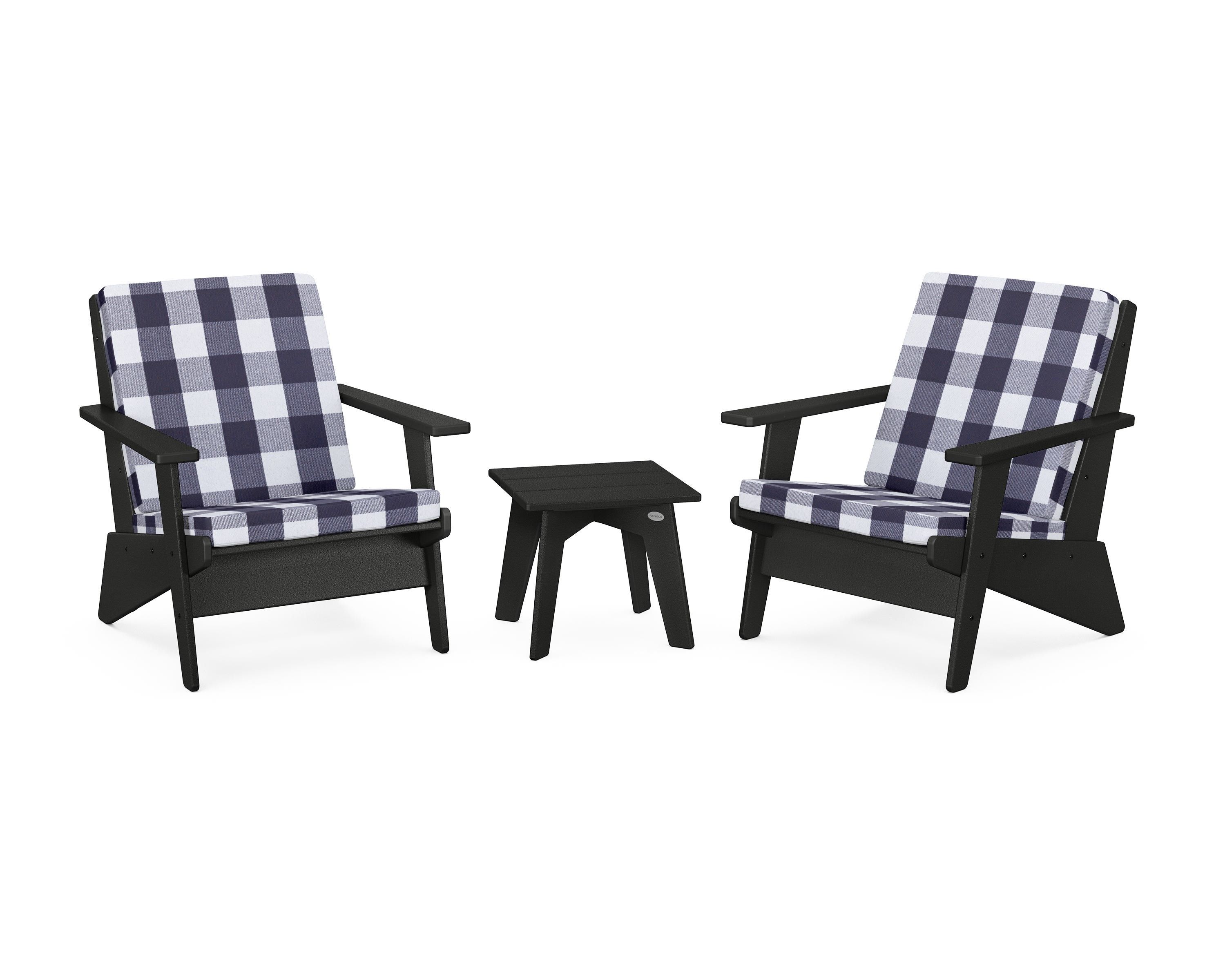 POLYWOOD® Riviera Modern Lounge 3-Piece Set in Black / Buffalo Plaid Navy