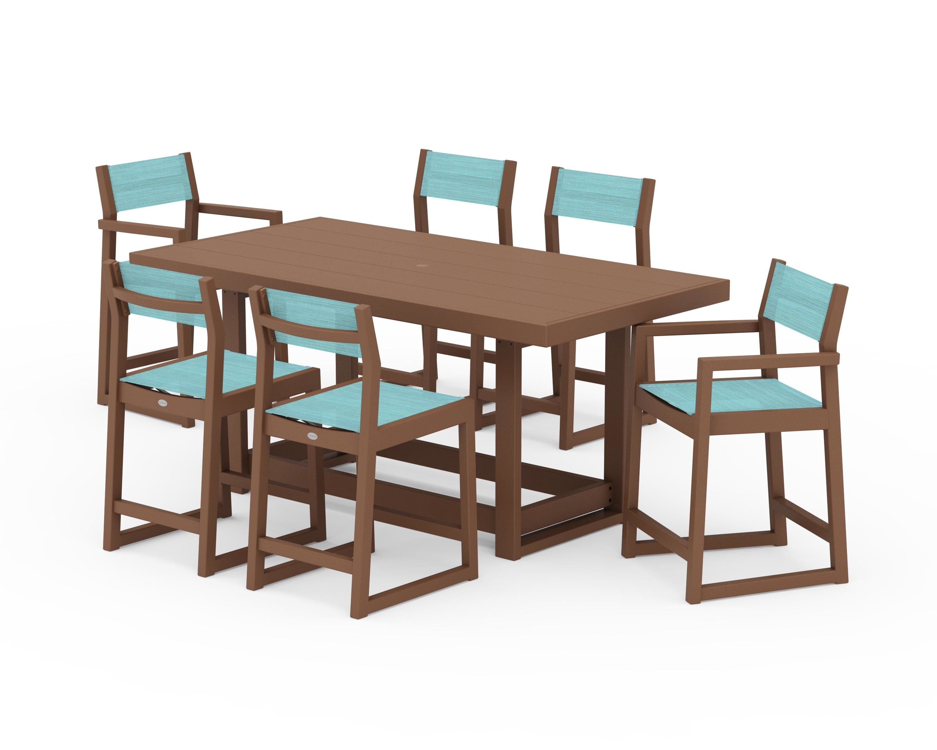POLYWOOD® EDGE Sling 7-Piece Counter Table Set in Teak / Dupioni Aquamarine Sling