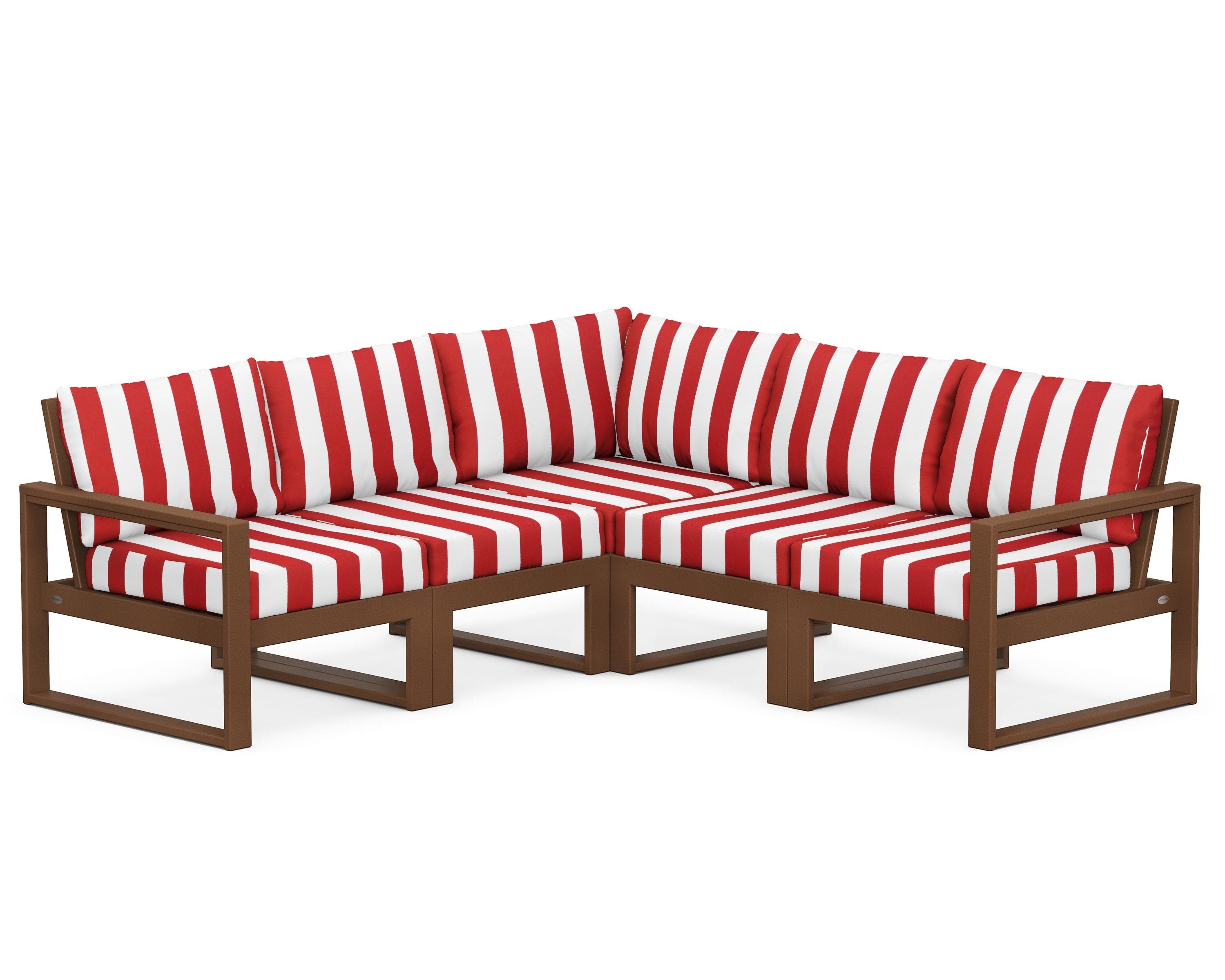 POLYWOOD® EDGE 5-Piece Modular Deep Seating Set in Teak / Cabana Stripe Crimson
