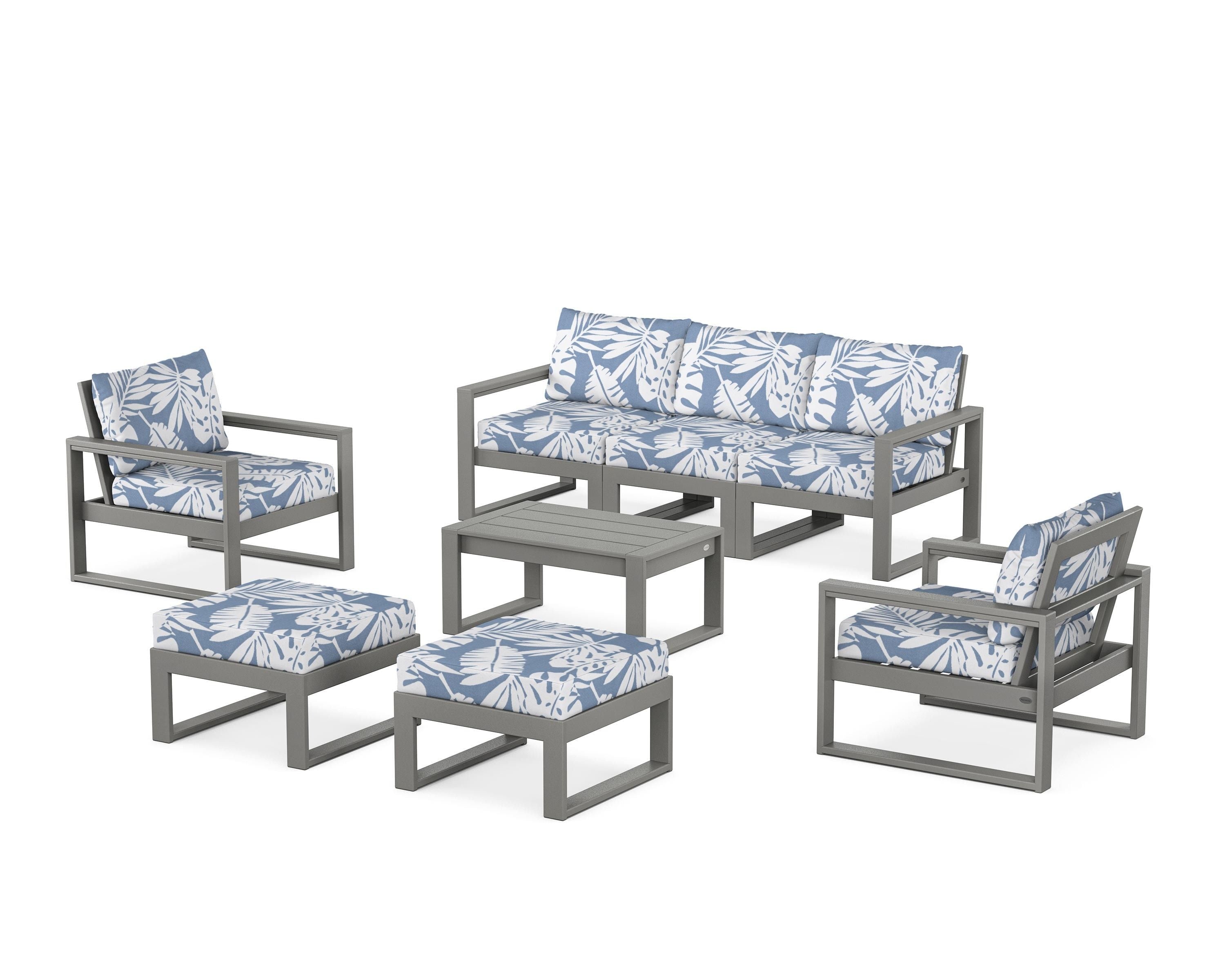 POLYWOOD® EDGE Sectional 8-Piece Lounge Sofa Set in Slate Grey / Leaf Sky Blue