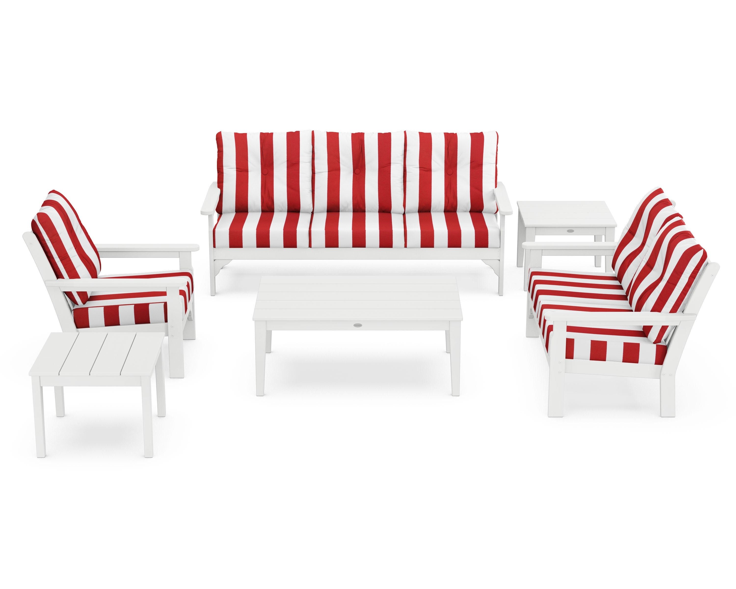 POLYWOOD® Vineyard 6-Piece Deep Seating Set in White / Cabana Stripe Crimson