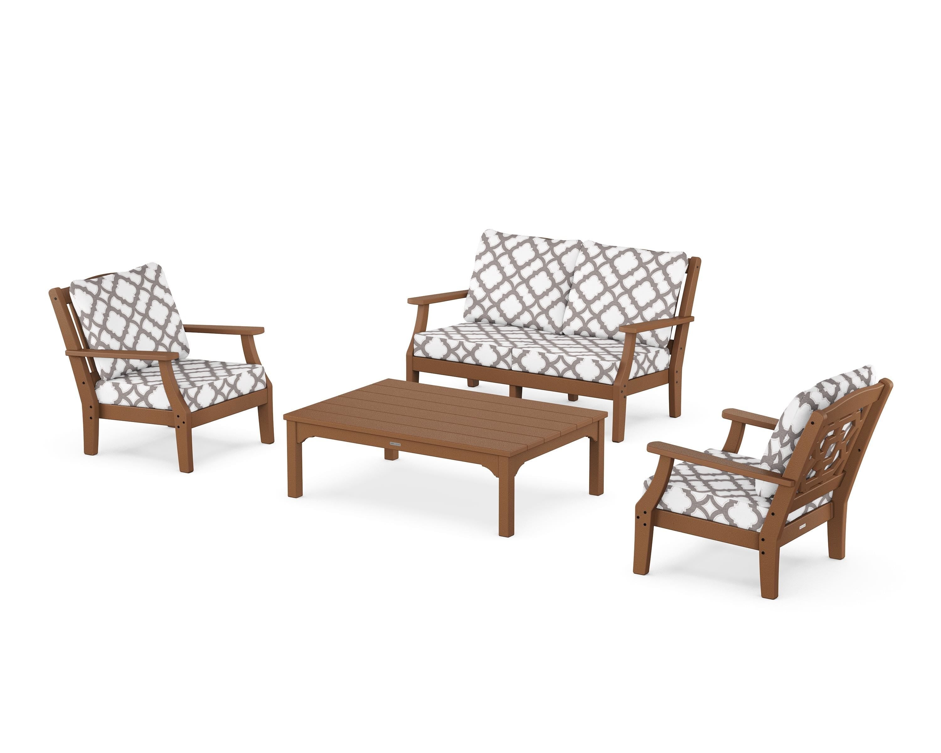 Martha Stewart by POLYWOOD® Chinoiserie 4-Piece Deep Seating Set with Loveseat in Teak / Trellis Grey Mist