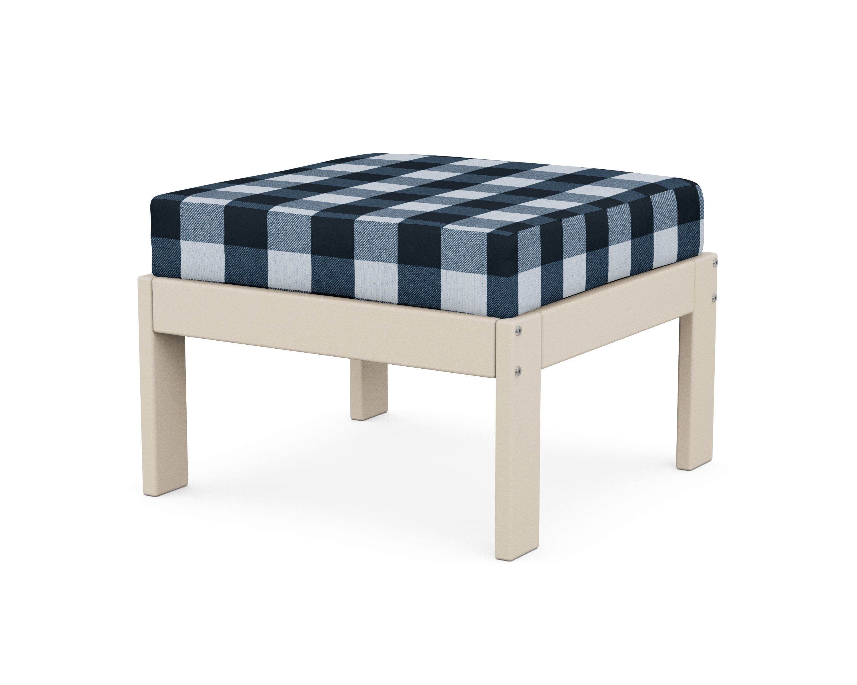 POLYWOOD® Vineyard Modular Ottoman in Sand / Buffalo Plaid Marine Indigo