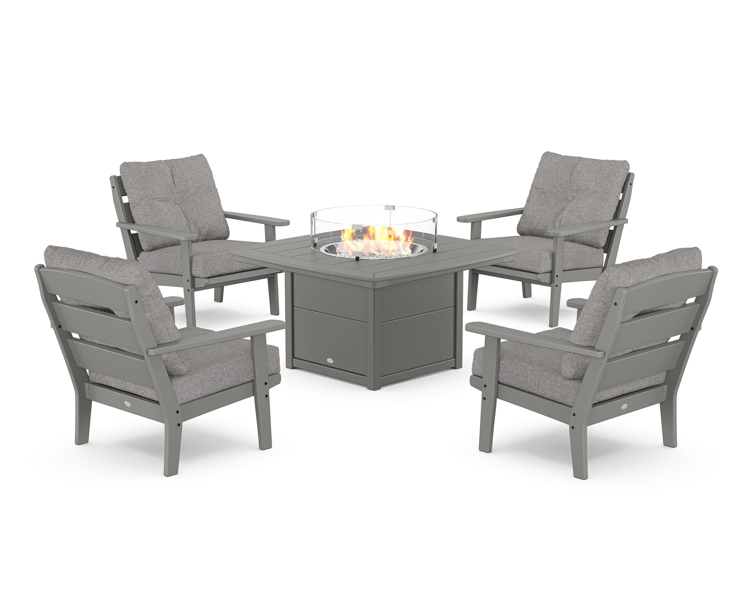 POLYWOOD® Lakeside 5-Piece Deep Seating Set with Nautical Fire Pit Table in Slate Grey / Grey Mist