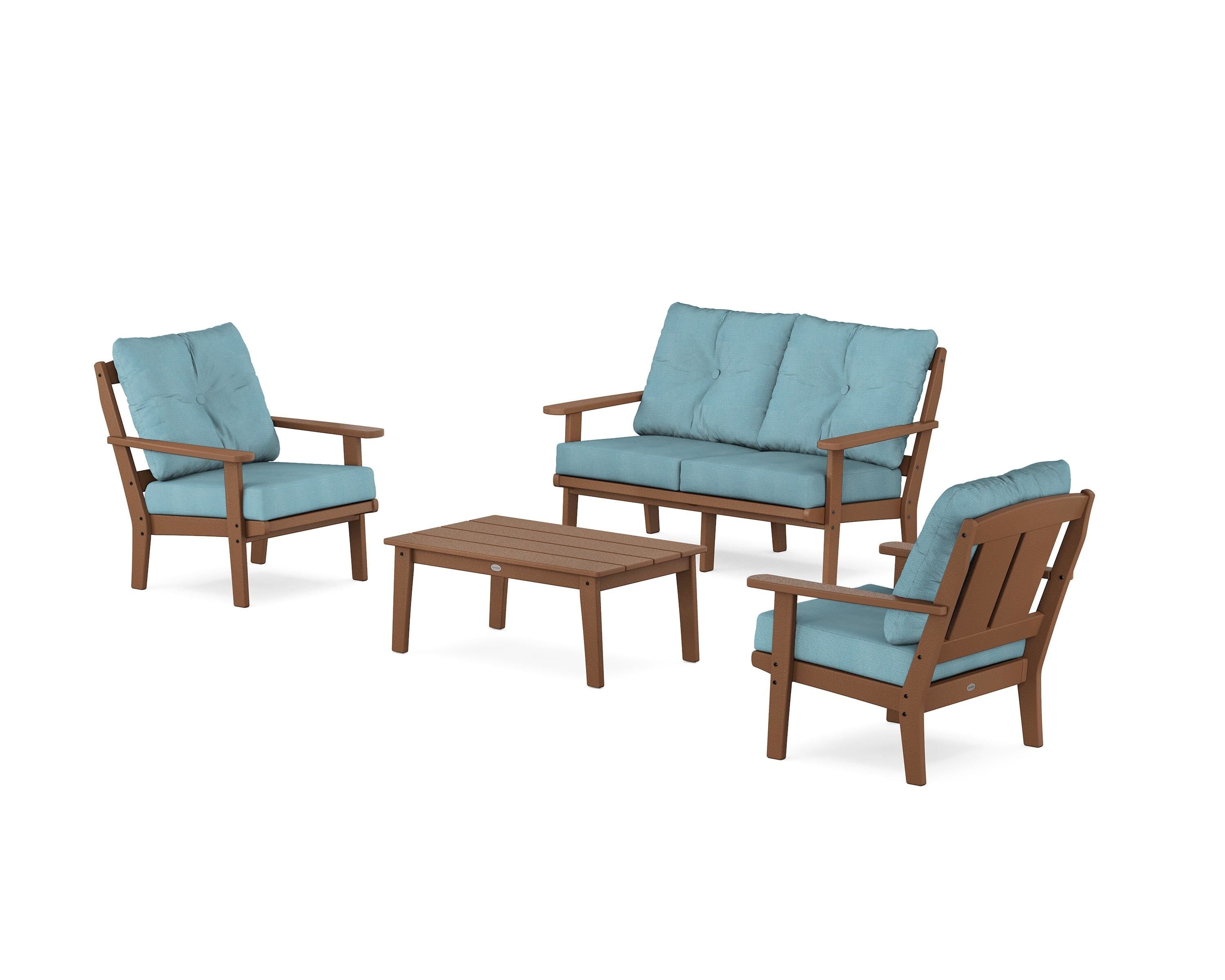POLYWOOD® Mission 4-Piece Deep Seating Set with Loveseat in Teak / Lattice Sky Blue
