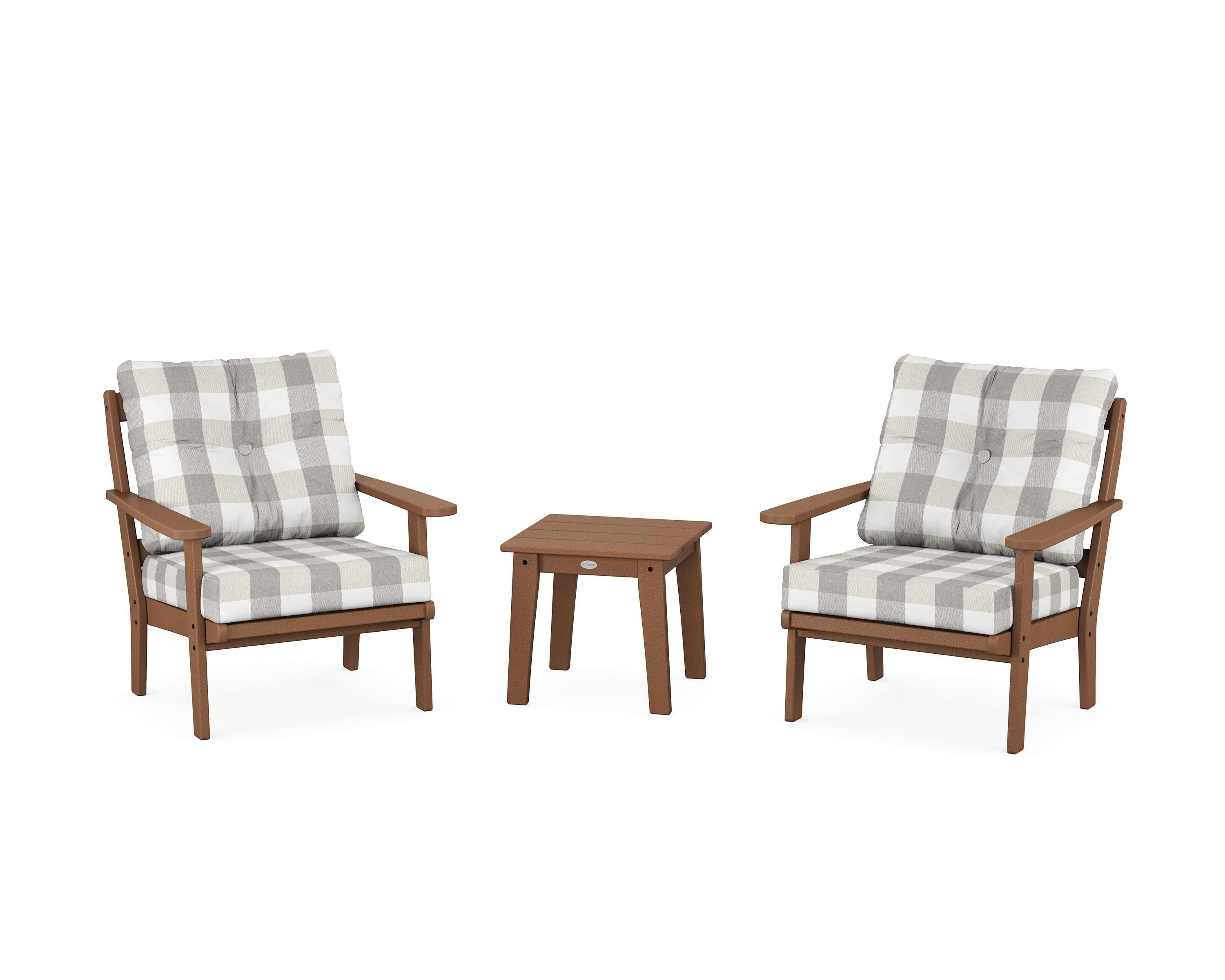 POLYWOOD® Mission 3-Piece Deep Seating Set in Teak / Buffalo Plaid Grey Mist