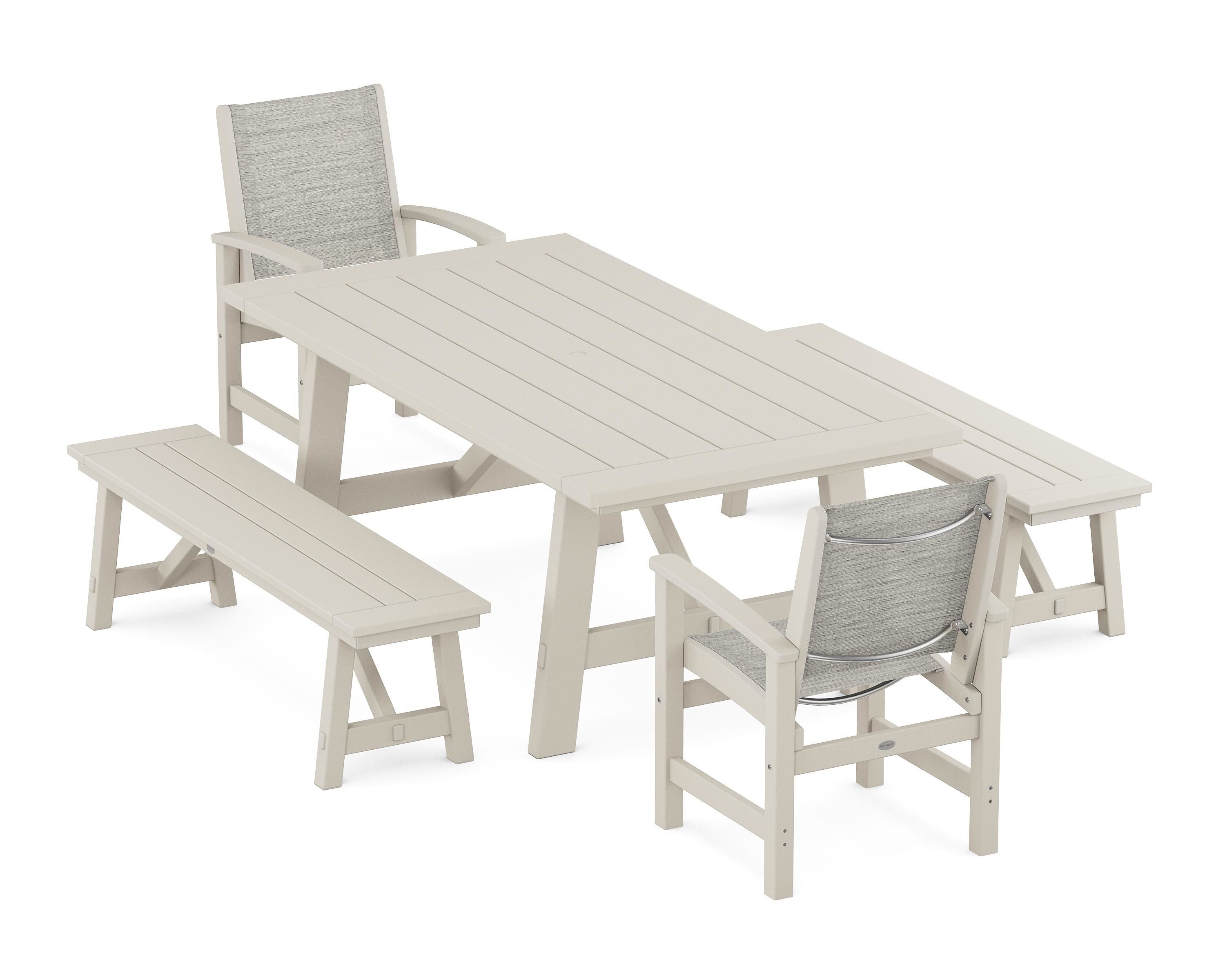 POLYWOOD® Coastal 5-Piece Rustic Farmhouse Dining Set With Benches in Sand / Birch Sling