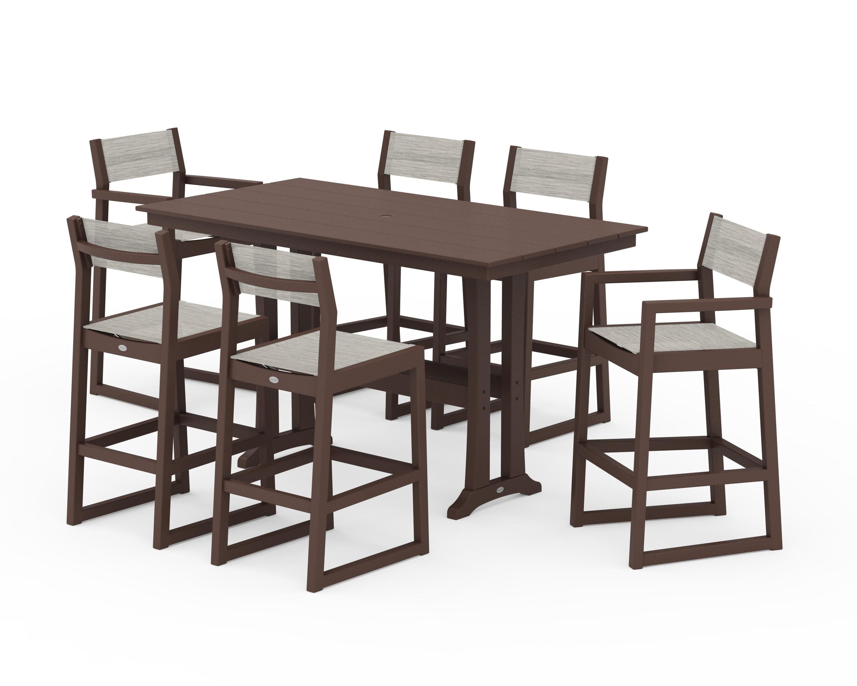 POLYWOOD® EDGE Sling 7-Piece Farmhouse Bar Set with Trestle Legs in Mahogany / Birch Sling