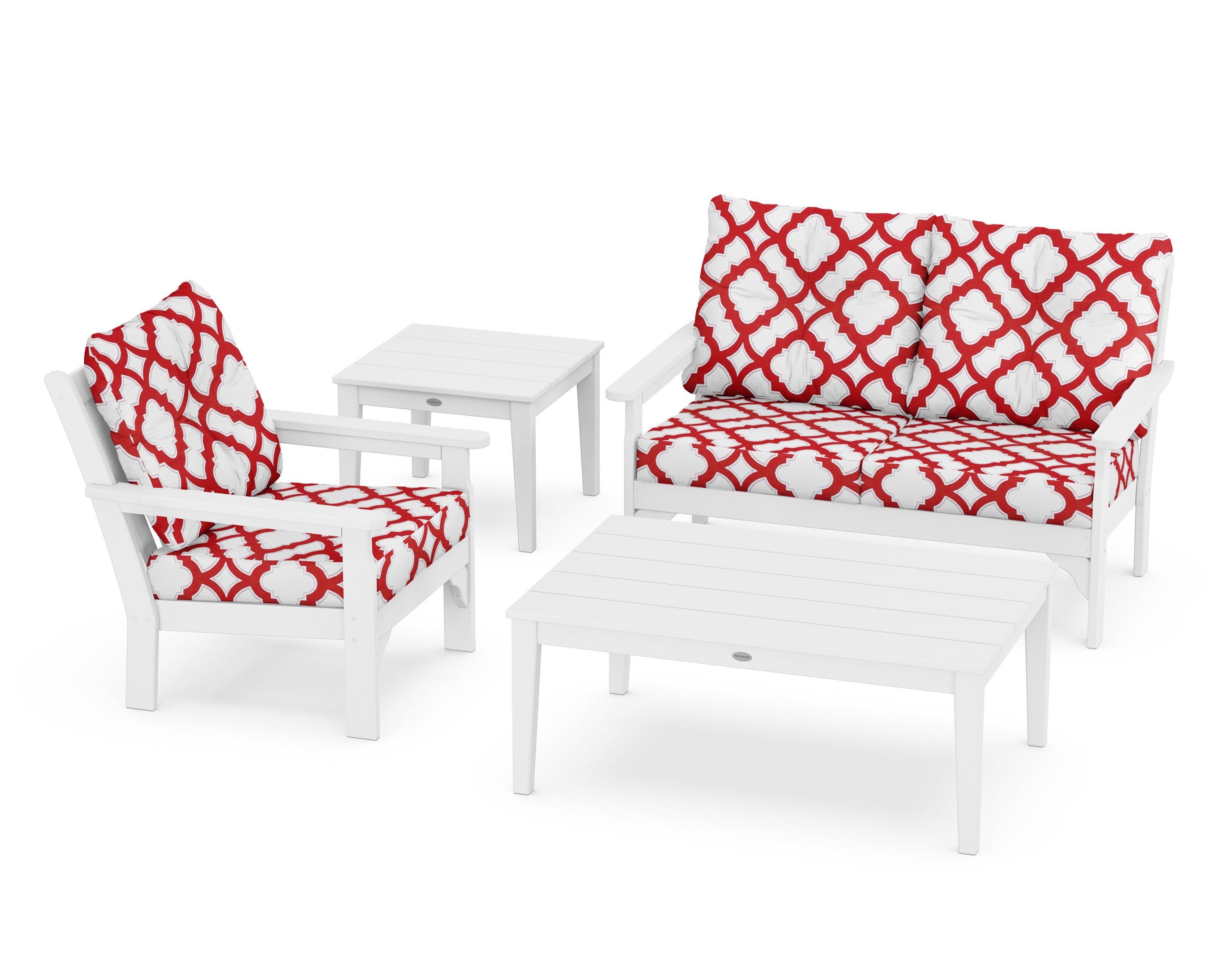 POLYWOOD® Vineyard 4-Piece Deep Seating Set in White / Trellis Crimson