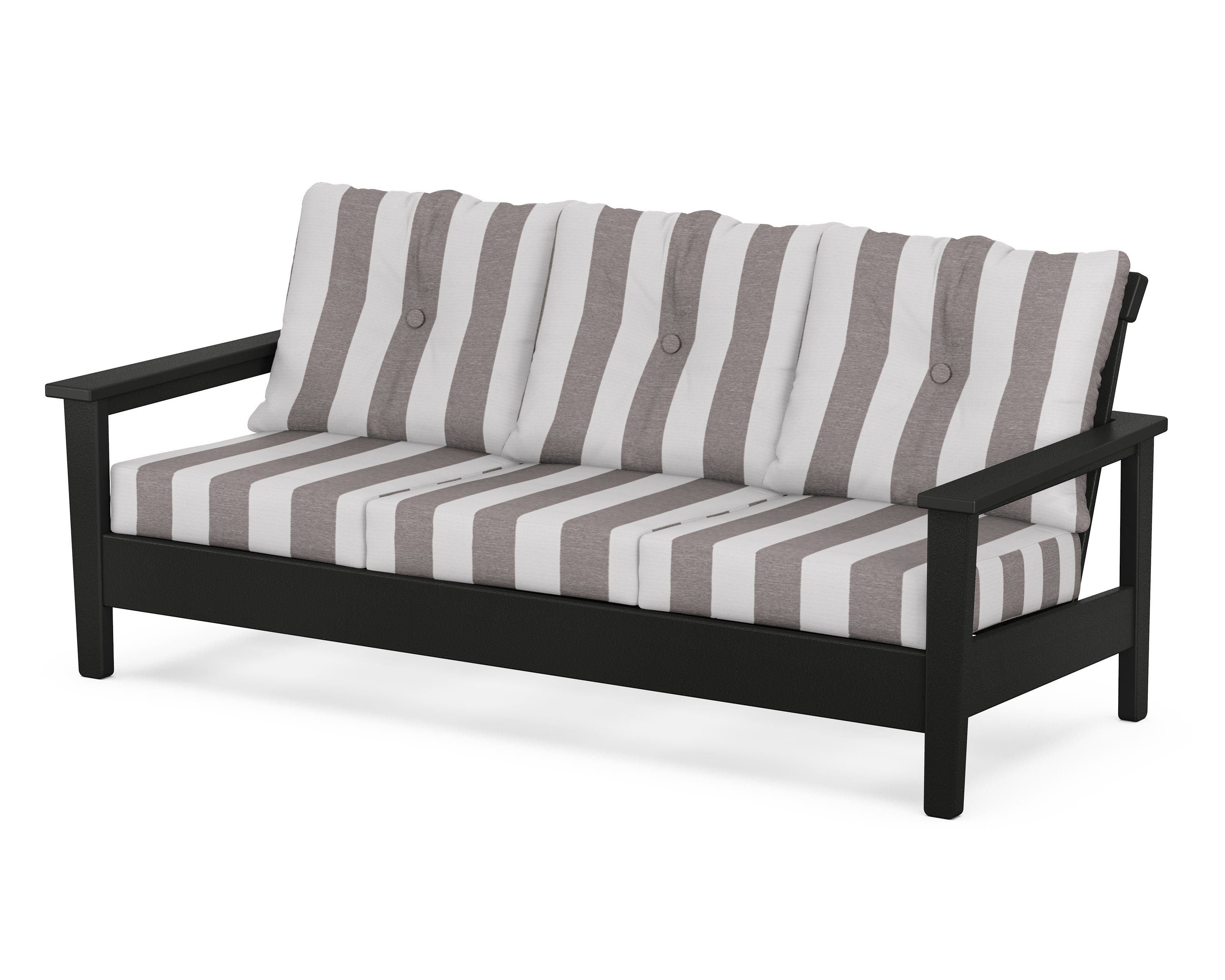 POLYWOOD® Prescott Deep Seating Sofa in Black / Cabana Stripe Grey Mist