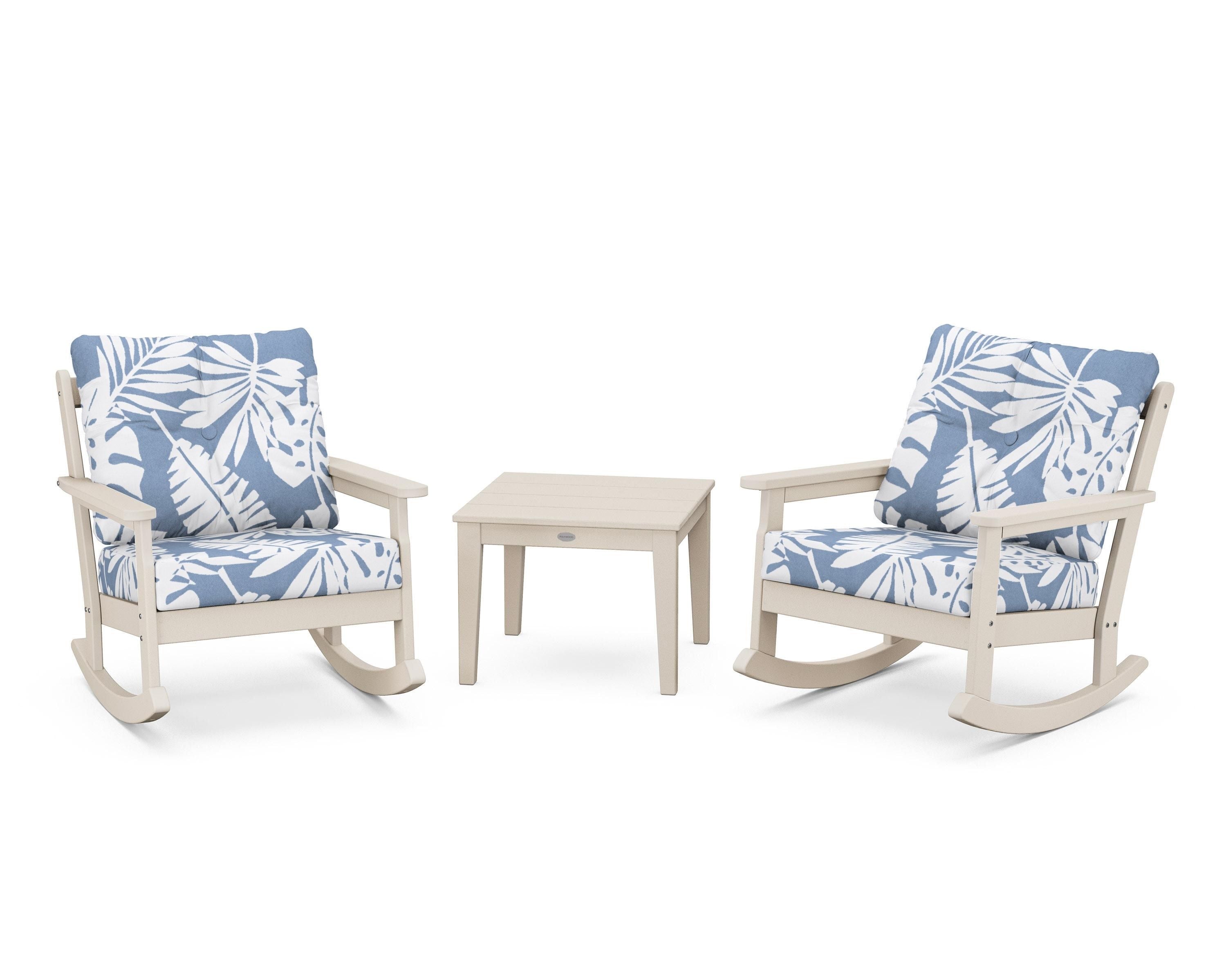 POLYWOOD® Vineyard 3-Piece Deep Seating Rocker Set in Sand / Leaf Sky Blue