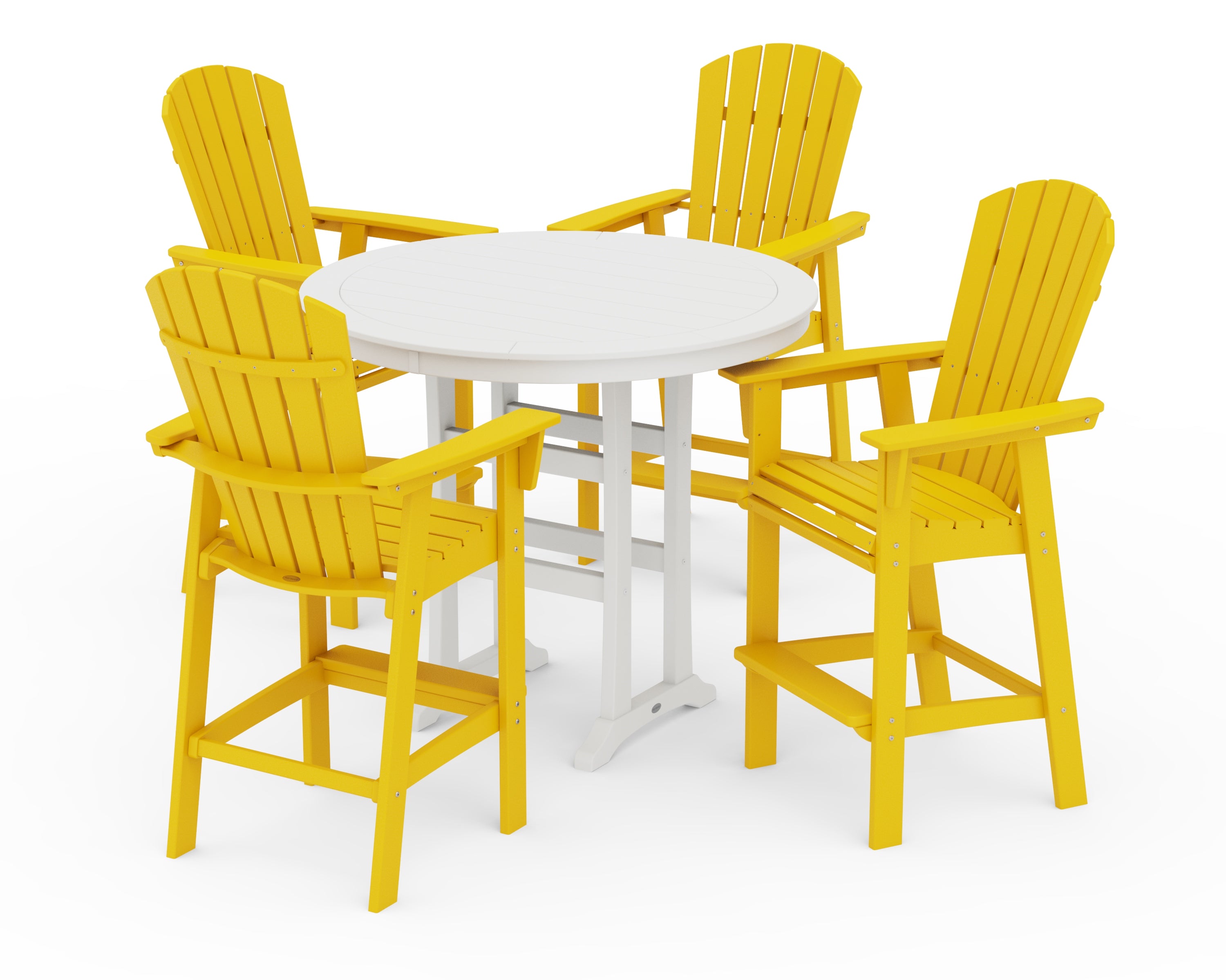 POLYWOOD® Nautical Curveback Adirondack 5-Piece Round Trestle Bar Set in Lemon / White