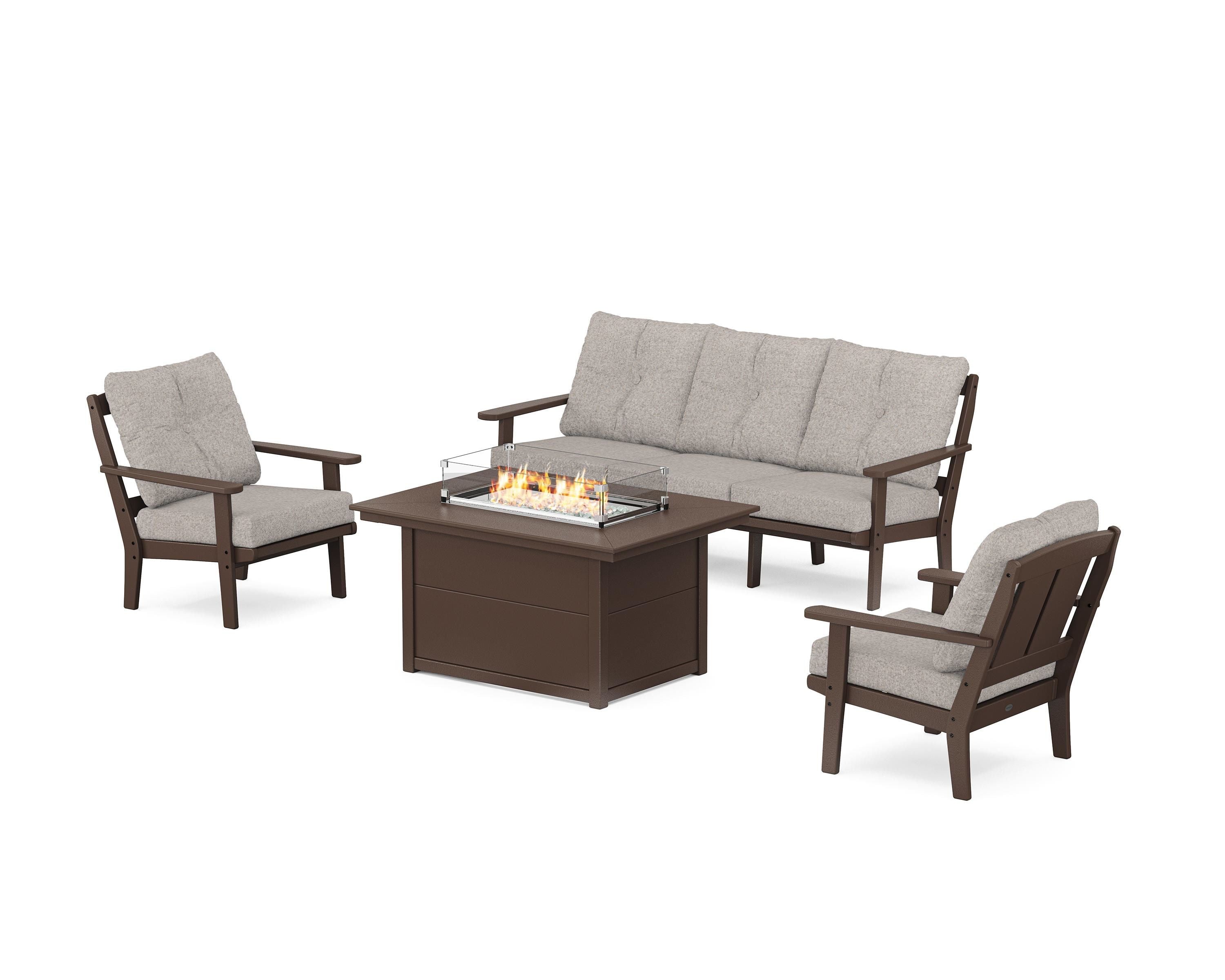 POLYWOOD® Mission Deep Seating Fire Pit Table Set in Mahogany / Weathered Tweed