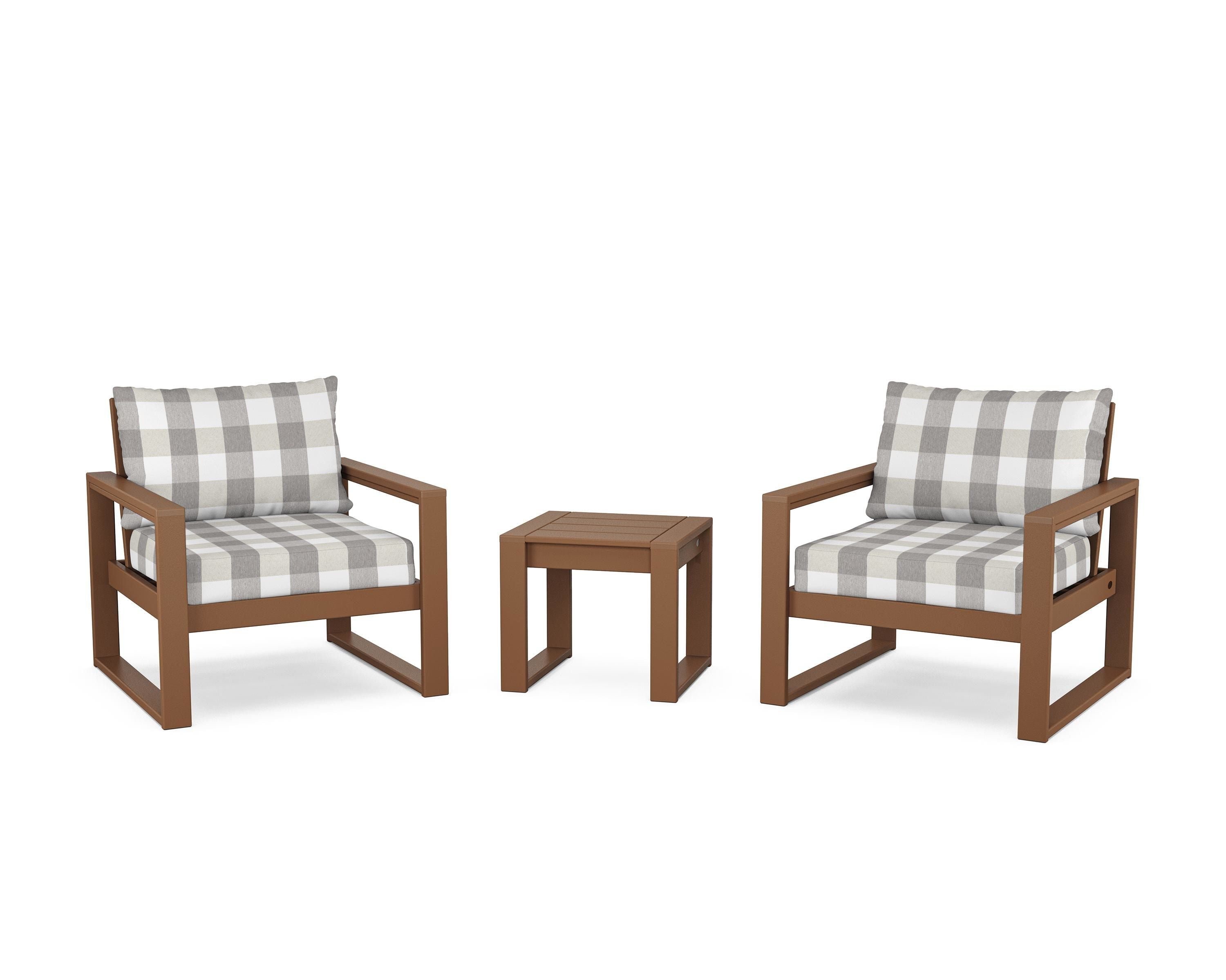 POLYWOOD® EDGE Sectional 3-Piece Deep Seating Set in Teak / Buffalo Plaid Grey Mist