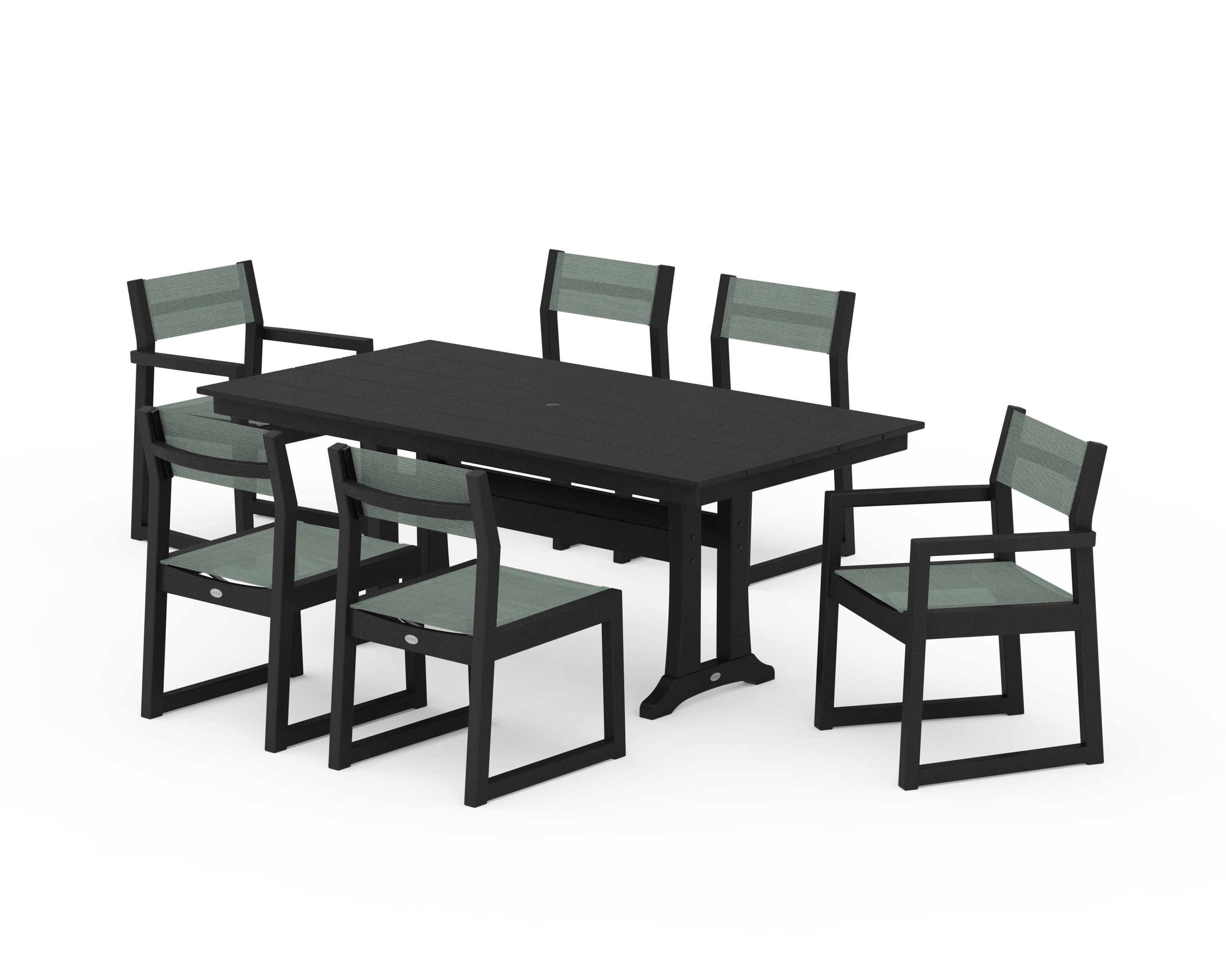 POLYWOOD® EDGE Sling 7-Piece Farmhouse Trestle Dining Set in Black / Dupioni Sea Mist Sling