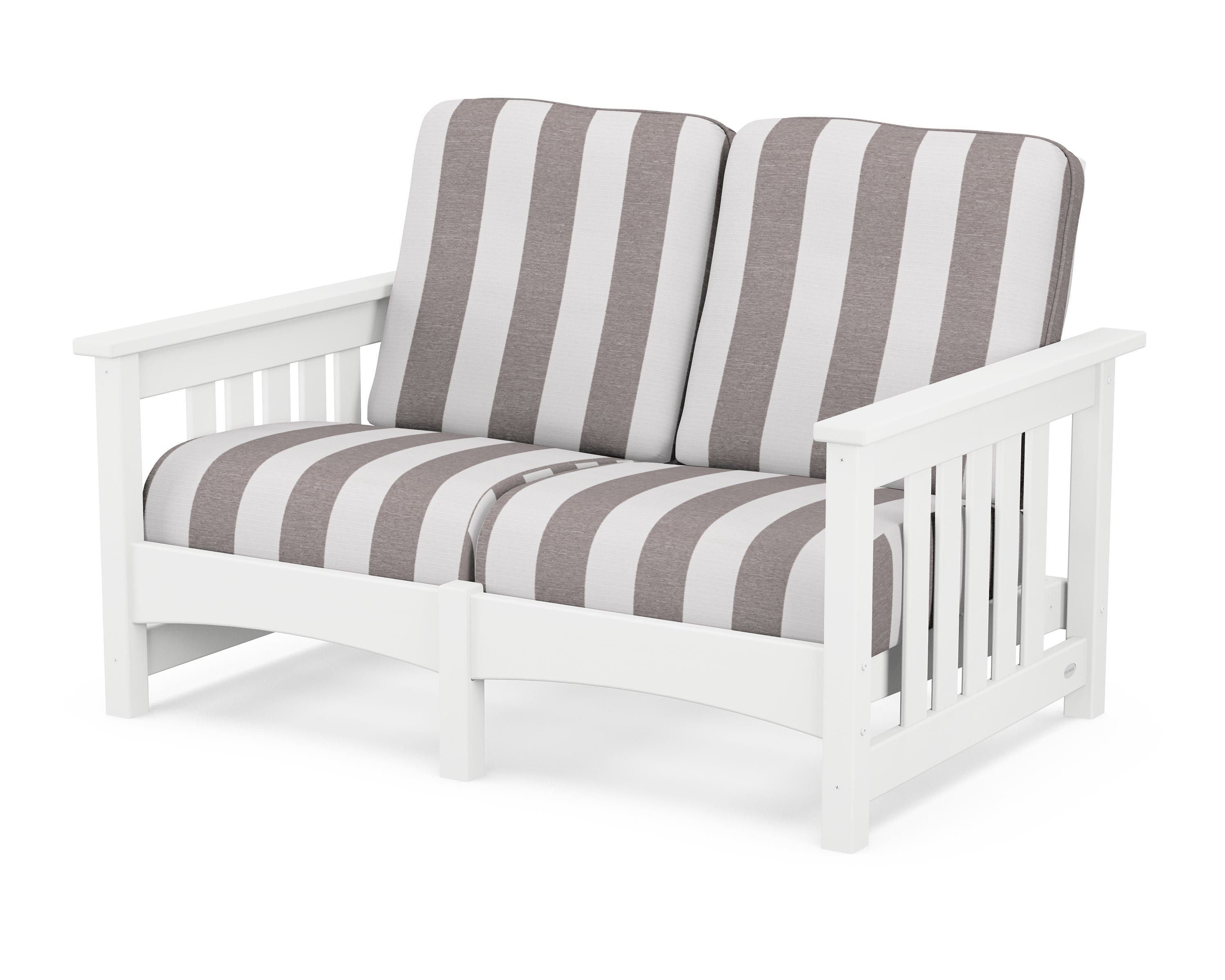 POLYWOOD® Club Mission Loveseat in White / Cabana Stripe Grey Mist