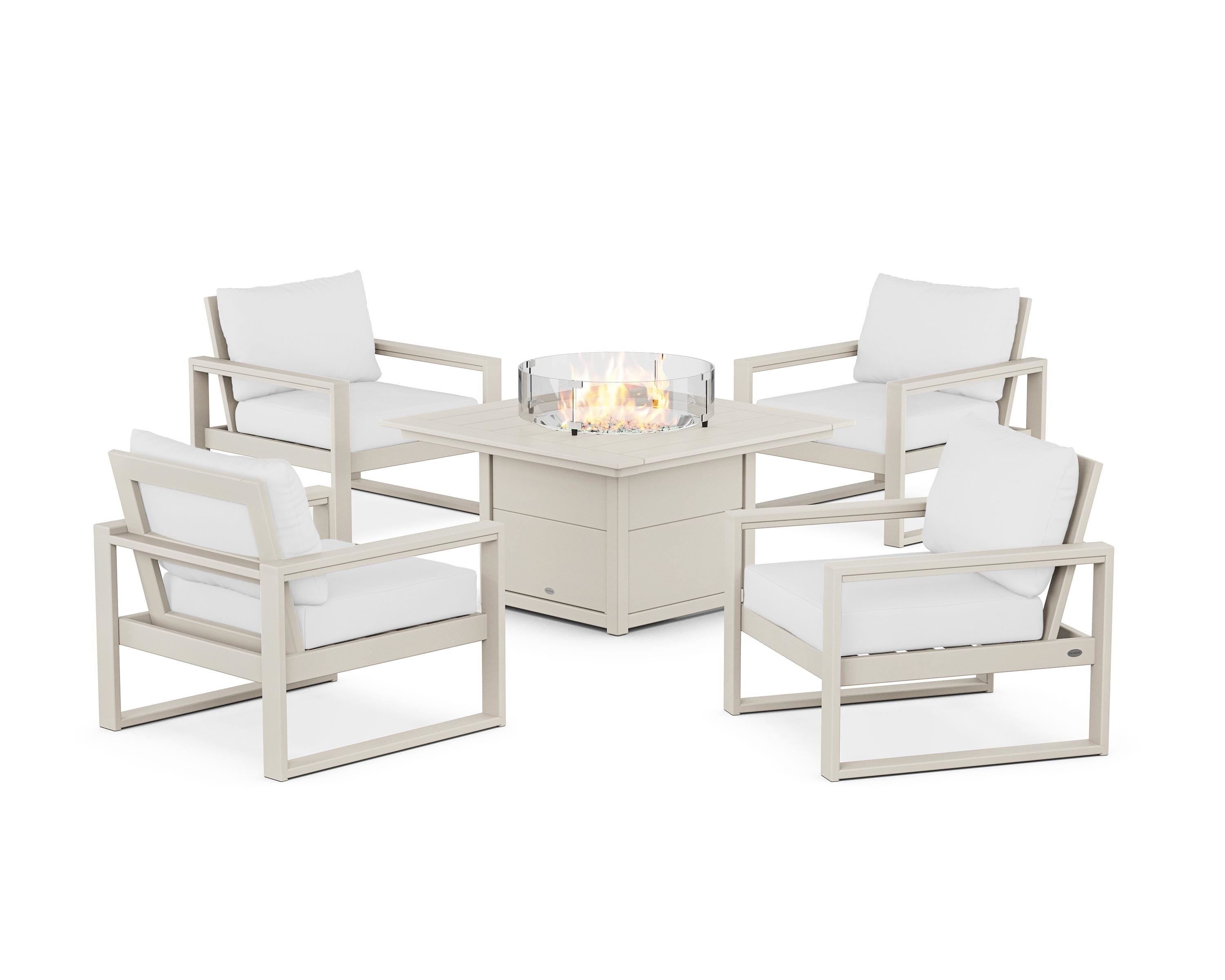 POLYWOOD® EDGE Sectional 5-Piece Deep Seating Set with Fire Pit Table in Sand / Natural