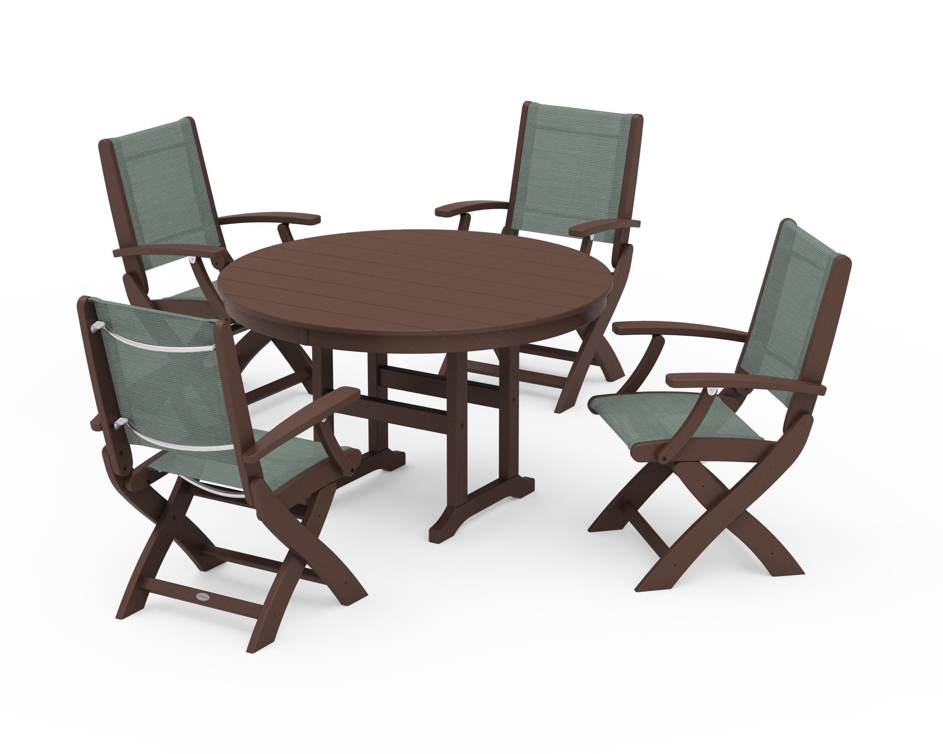 POLYWOOD® Coastal Folding Chair 5-Piece Round Dining Set in Mahogany / Dupioni Sea Mist Sling