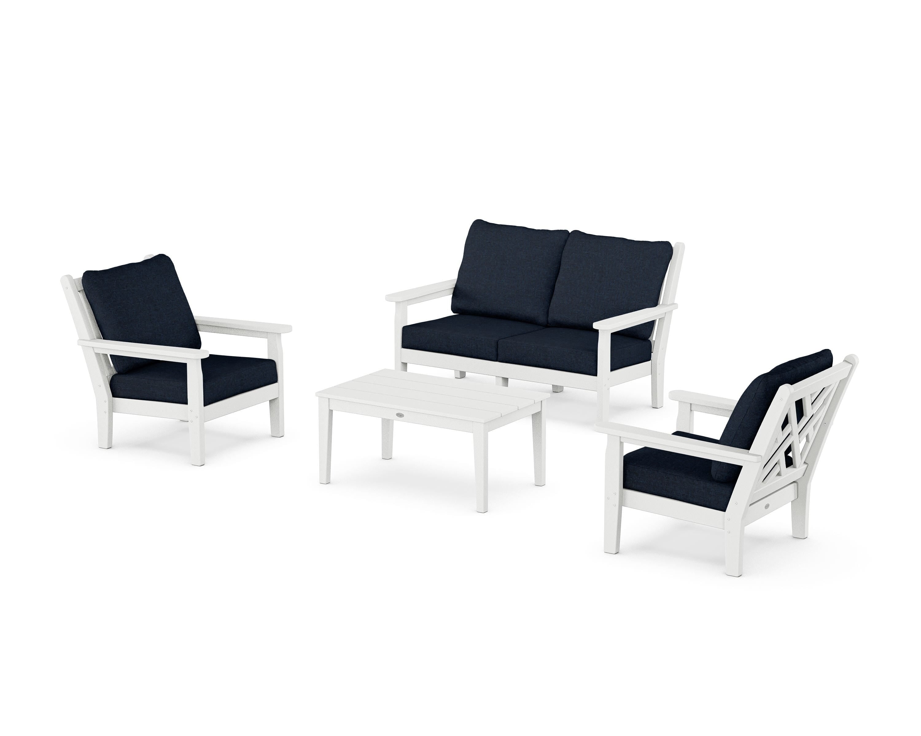 POLYWOOD® Chippendale 4-Piece Deep Seating Set with Loveseat in White / Marine Indigo