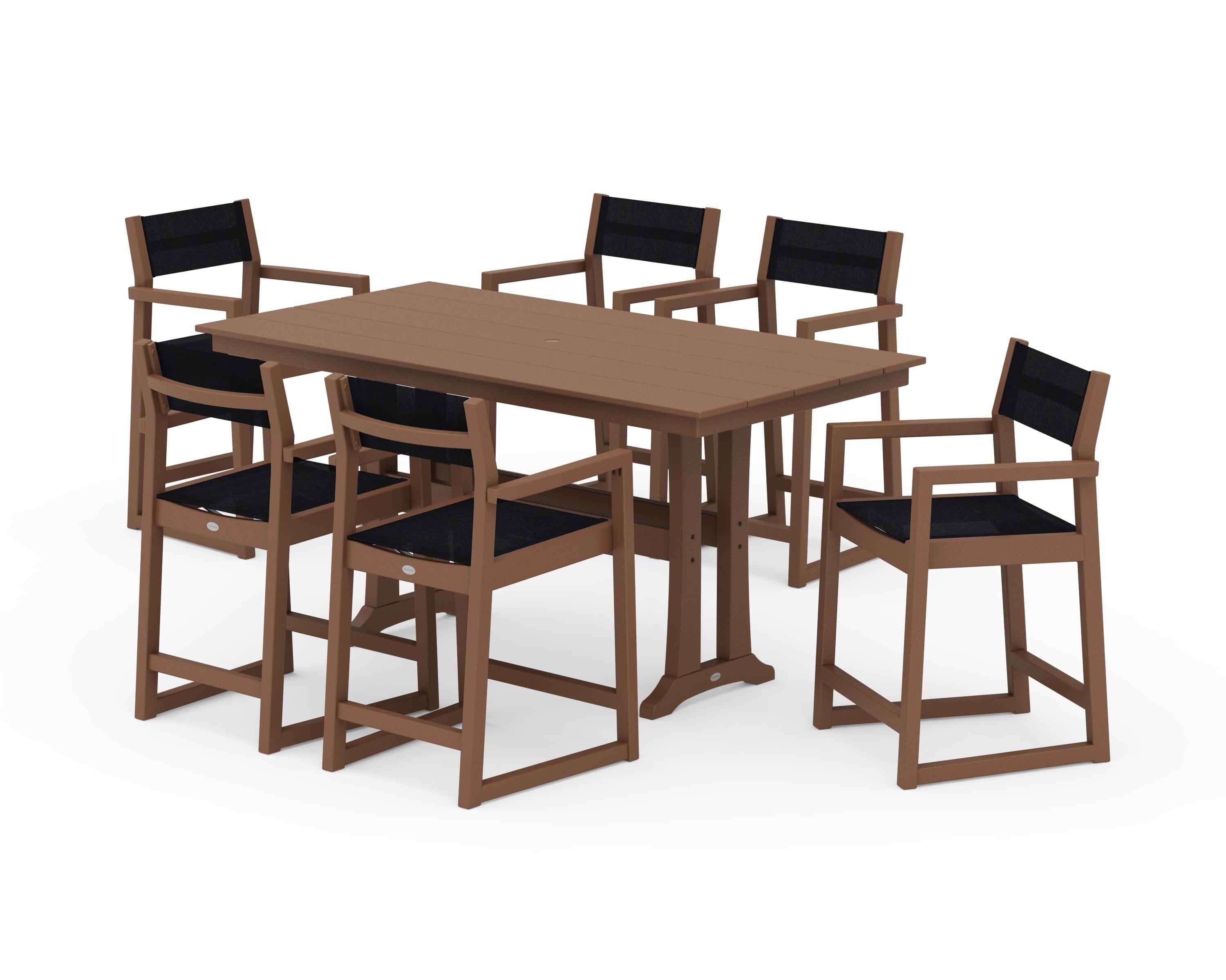 POLYWOOD® EDGE Sling Arm Chair 7-Piece Farmhouse Counter Set with Trestle Legs in Teak / Black Sling