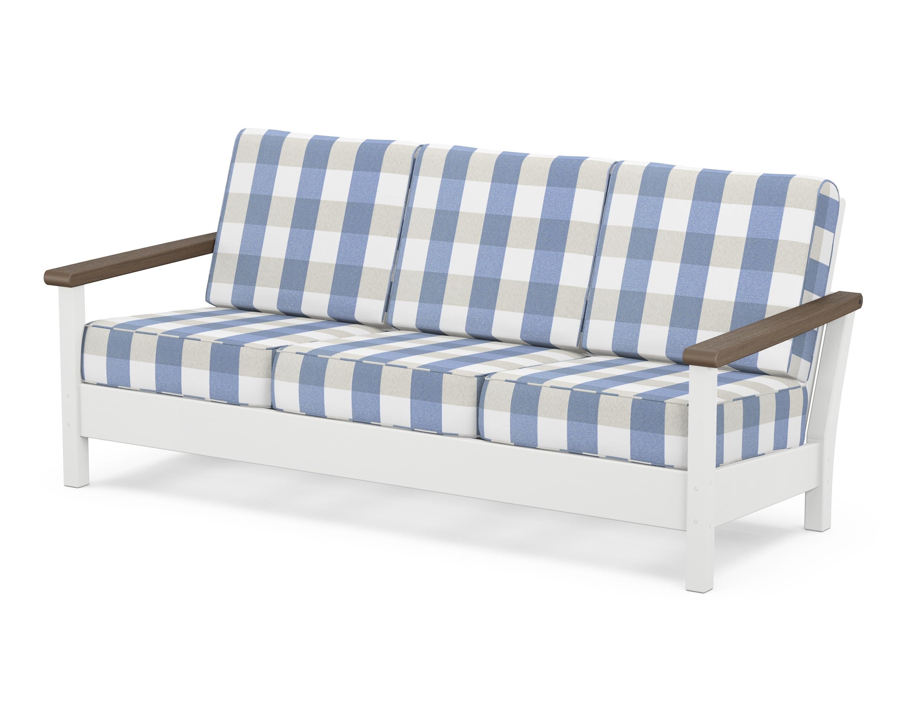 POLYWOOD® Harbour Deep Seating Sofa in White / Kona / Buffalo Plaid Sky Blue