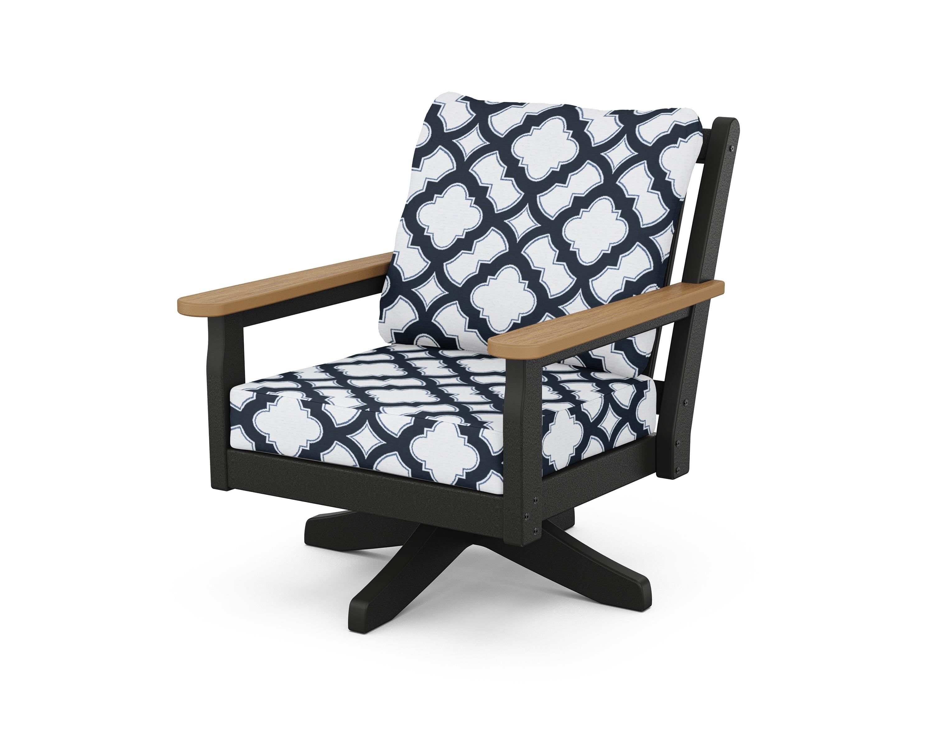 POLYWOOD® Chippendale Deep Seating Swivel Chair in Black / Natural / Trellis Marine Indigo