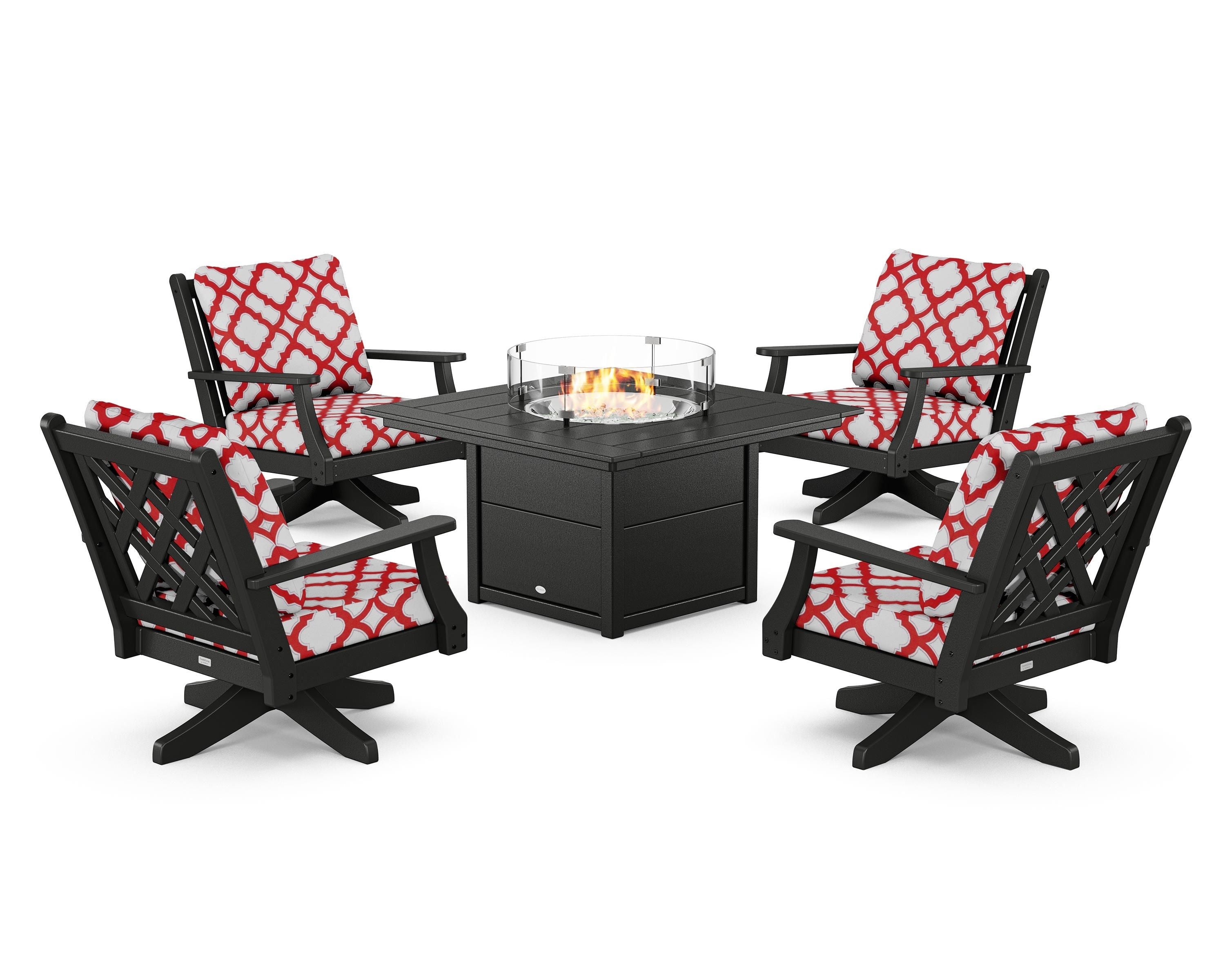 Country Living Wovendale 5-Piece Deep Seating Swivel Conversation Set with Fire Pit Table in Black / Trellis Crimson