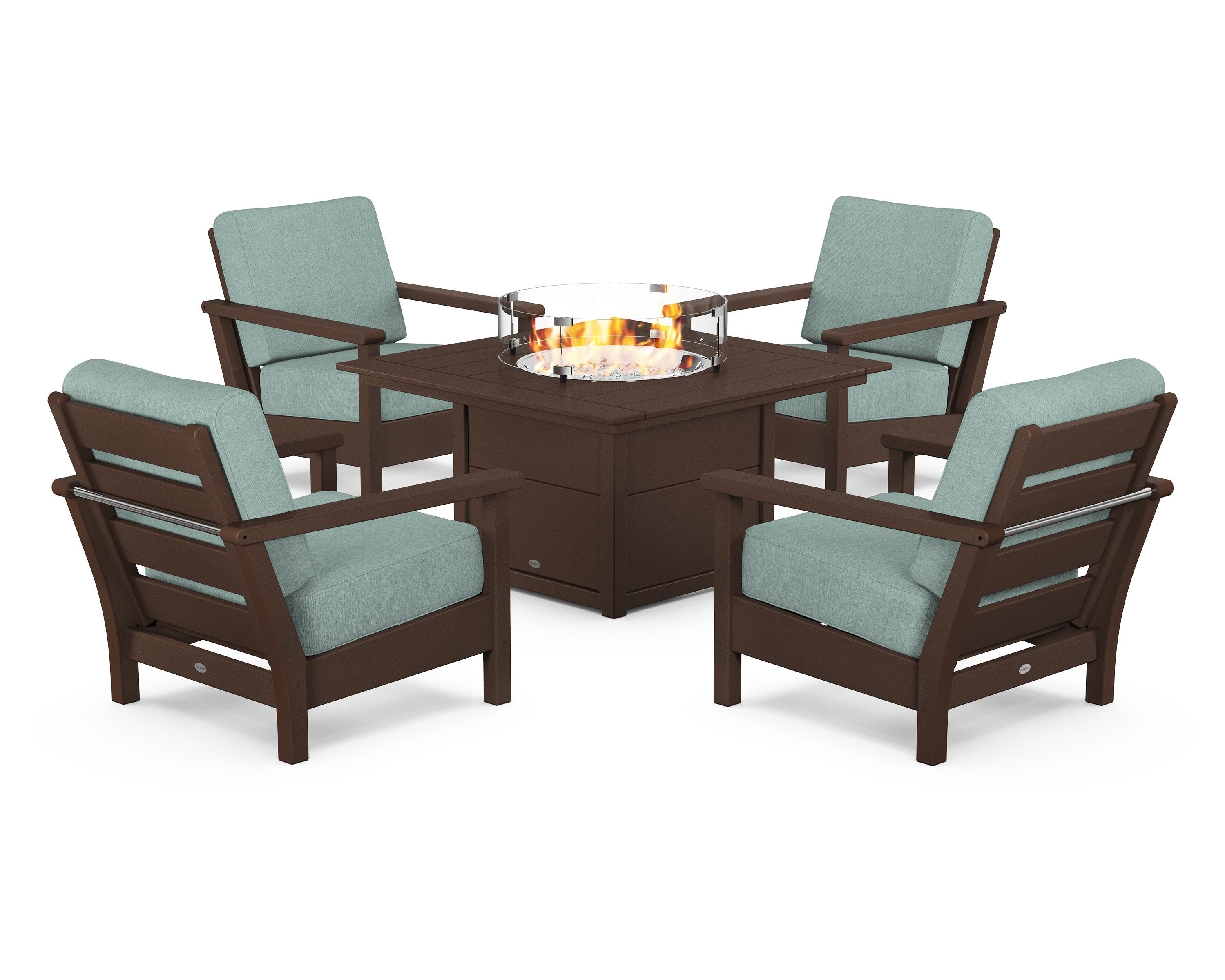 POLYWOOD® Harbour 5-Piece Conversation Set with Fire Pit Table in Mahogany / Glacier Spa