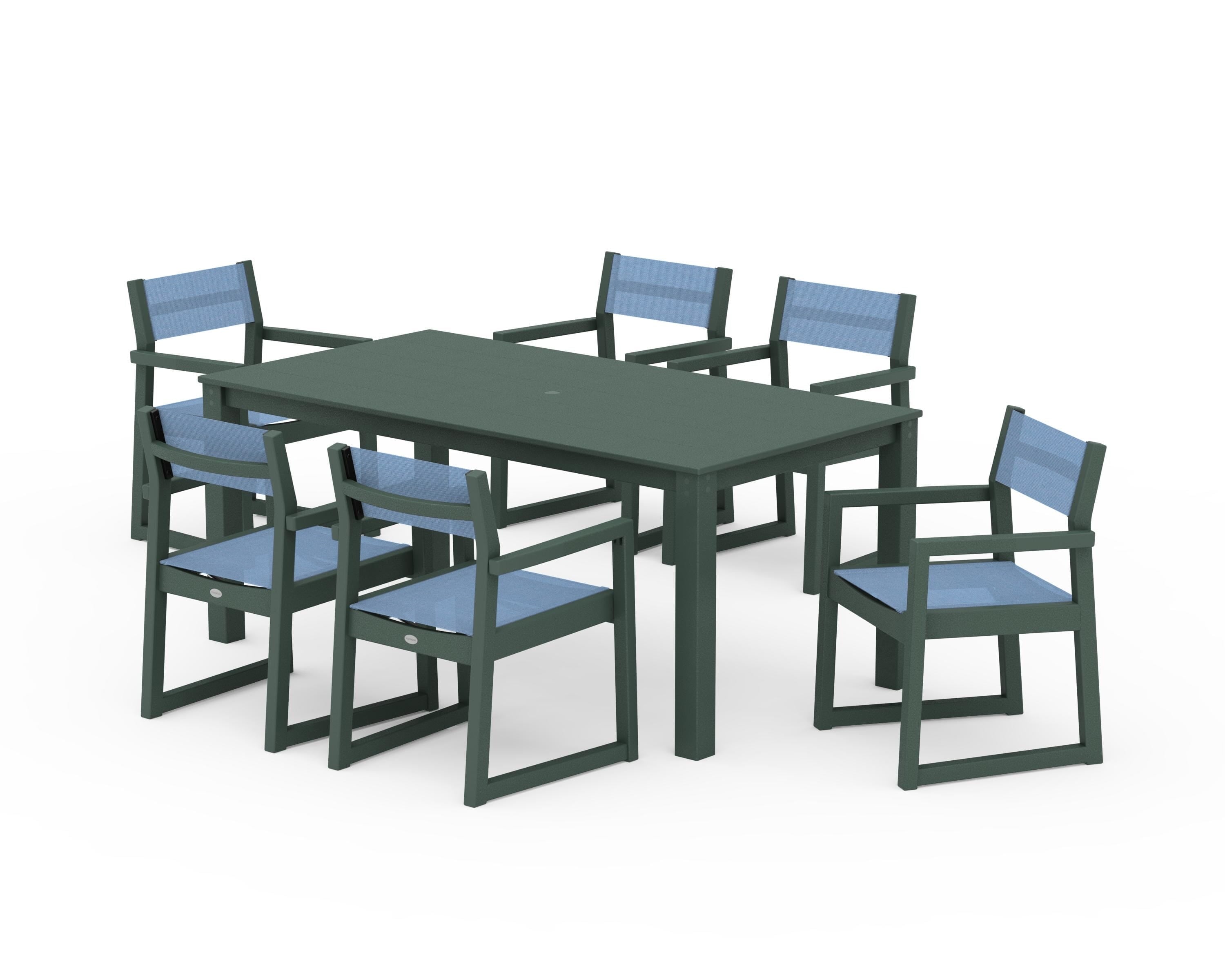 POLYWOOD® EDGE Sling Arm Chair 7-Piece Parsons Dining Set in Green / Poolside Sling