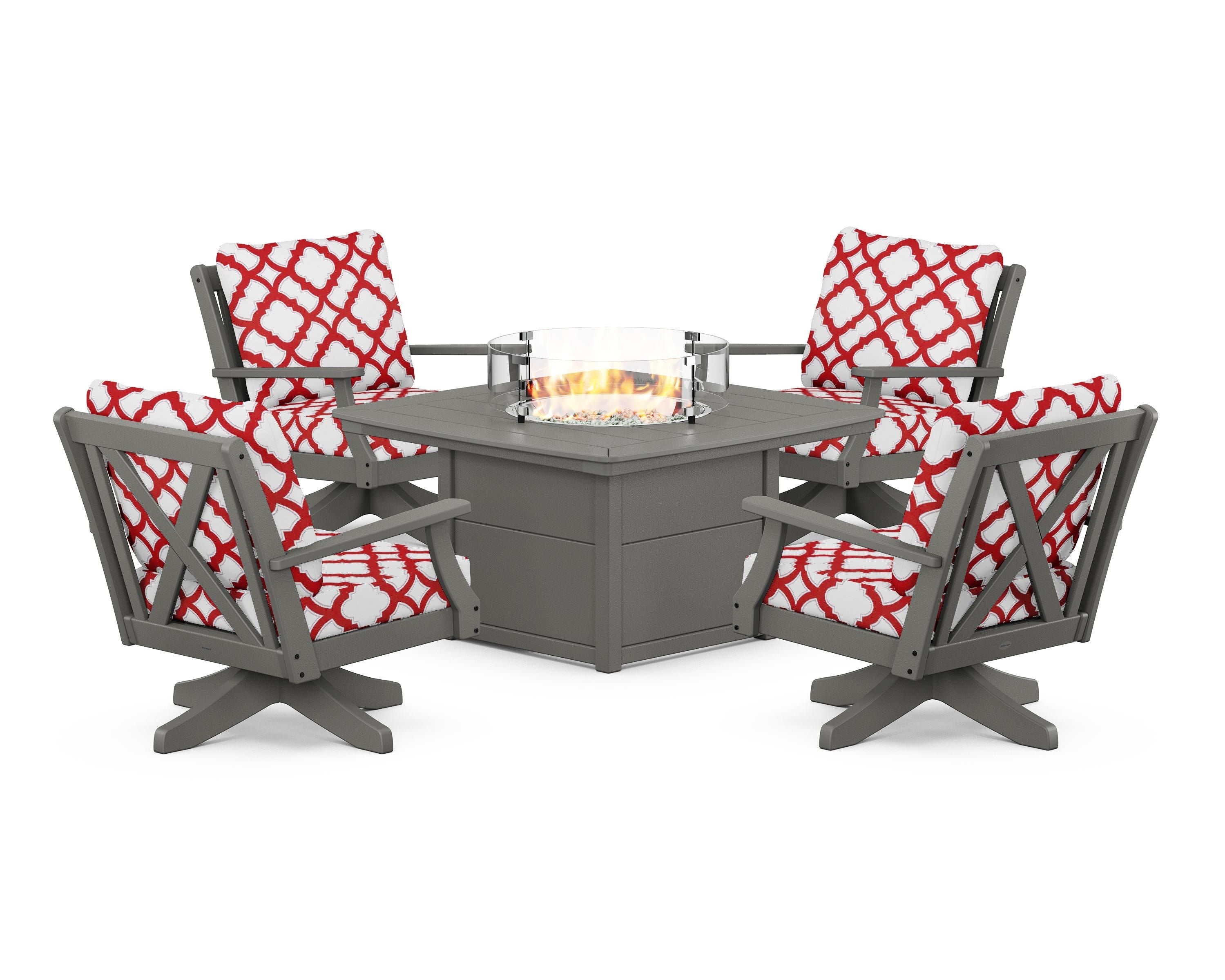 POLYWOOD® Braxton 5-Piece Deep Seating Swivel Conversation Set with Fire Pit Table in Slate Grey / Trellis Crimson