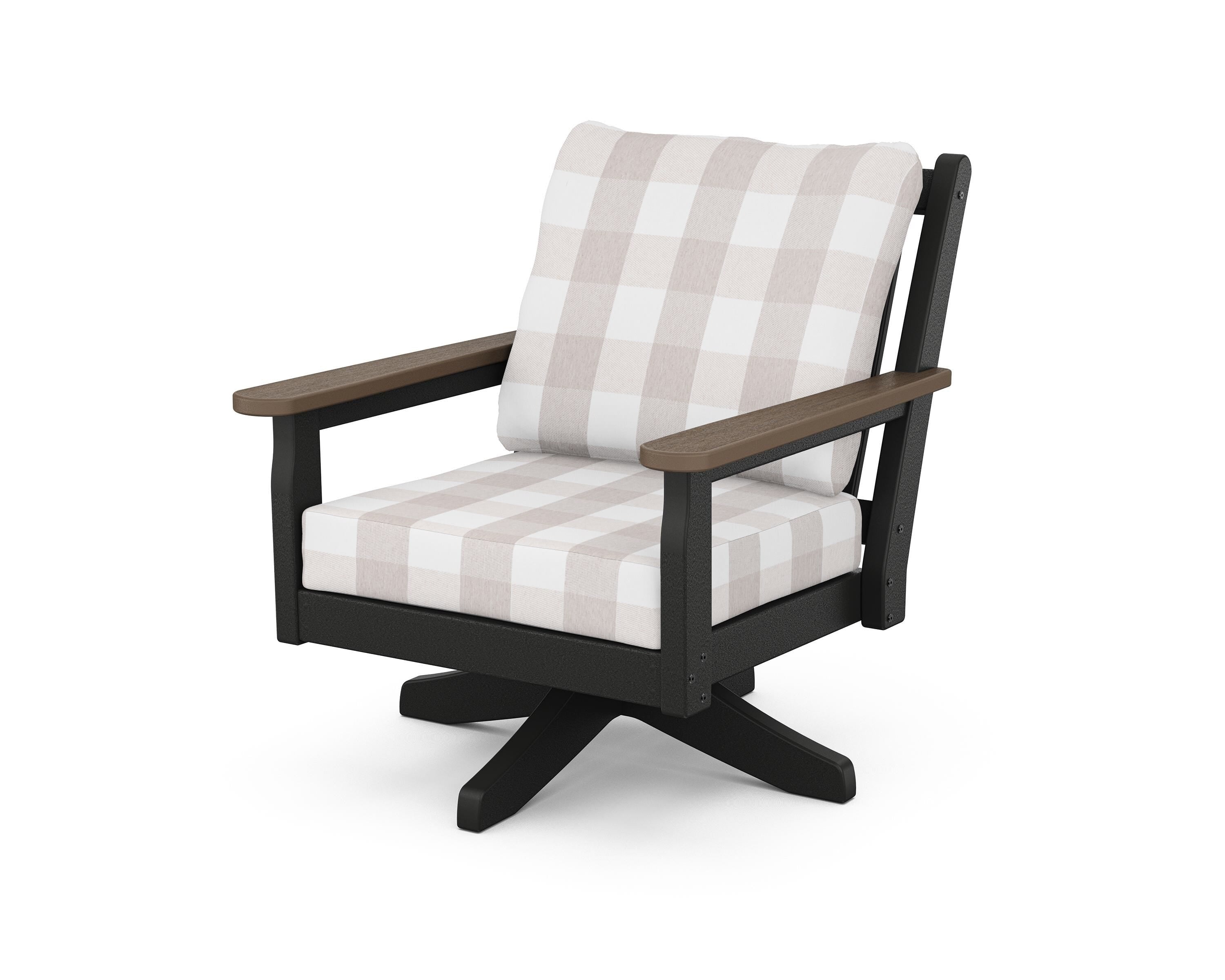 POLYWOOD® Chippendale Deep Seating Swivel Chair in Black / Kona / Buffalo Plaid Dune Burlap