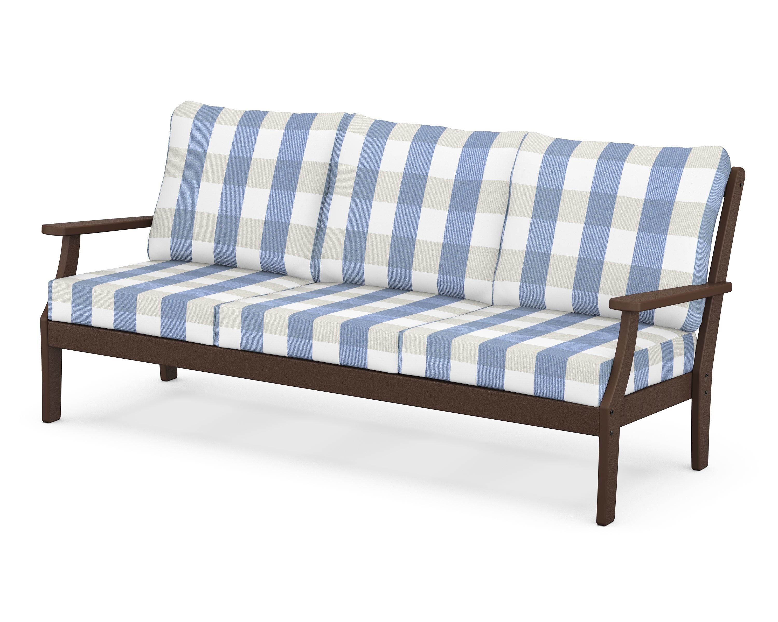 POLYWOOD® Braxton Deep Seating Sofa in Mahogany / Buffalo Plaid Sky Blue
