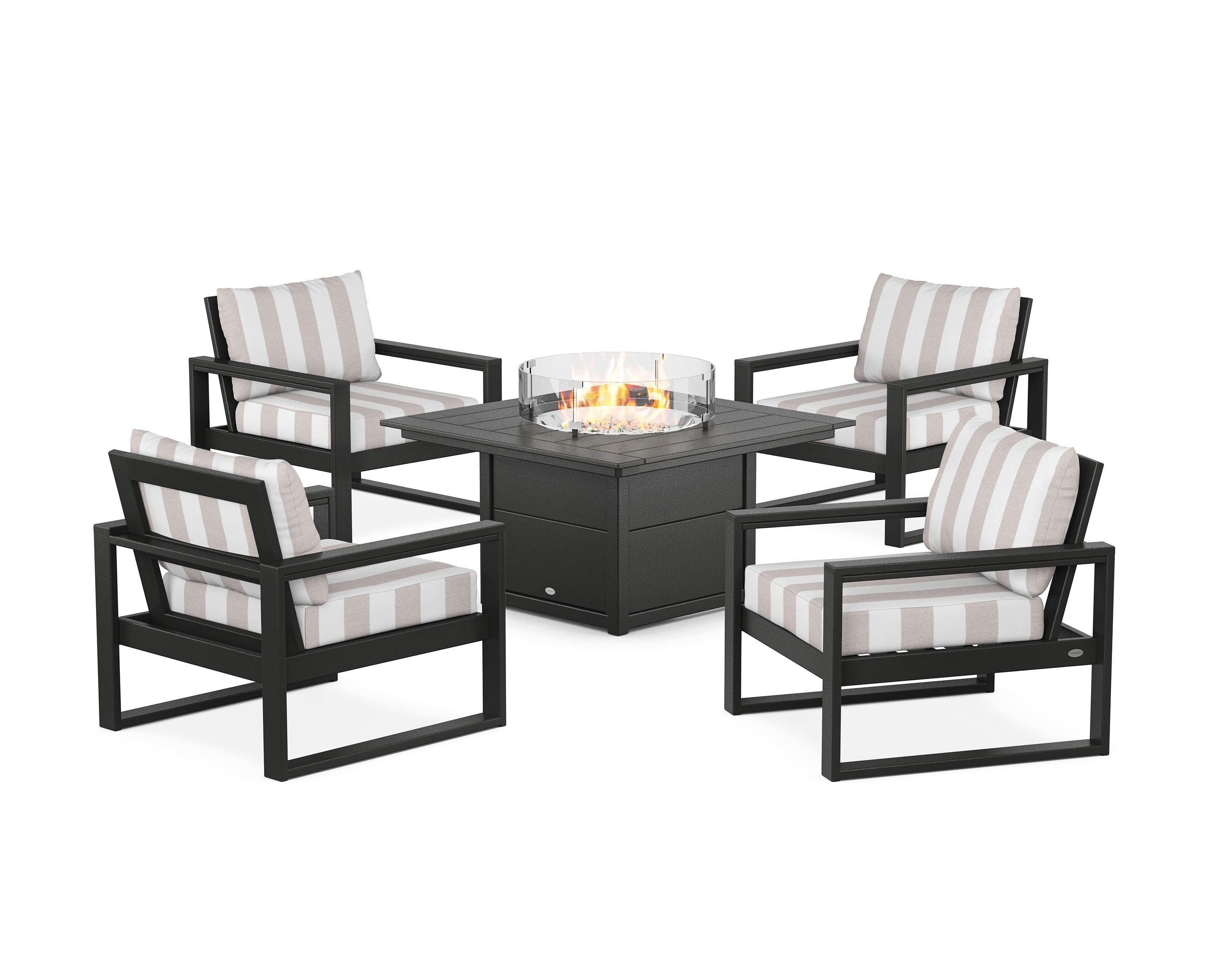 POLYWOOD® EDGE Sectional 5-Piece Deep Seating Set with Fire Pit Table in Black / Cabana Stripe Dune Burlap