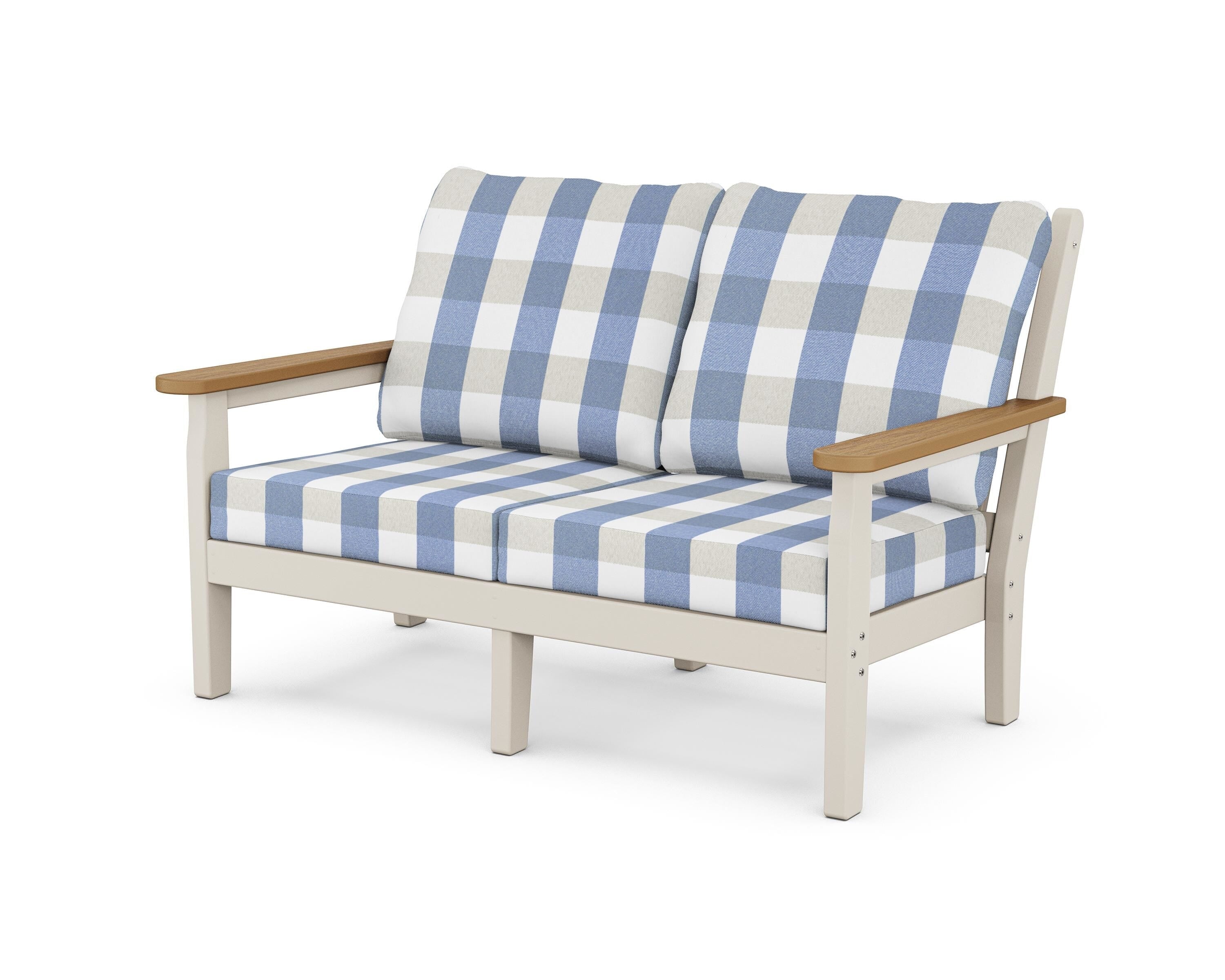 POLYWOOD® Chippendale Deep Seating Loveseat in Sand / Natural / Buffalo Plaid Sky Blue