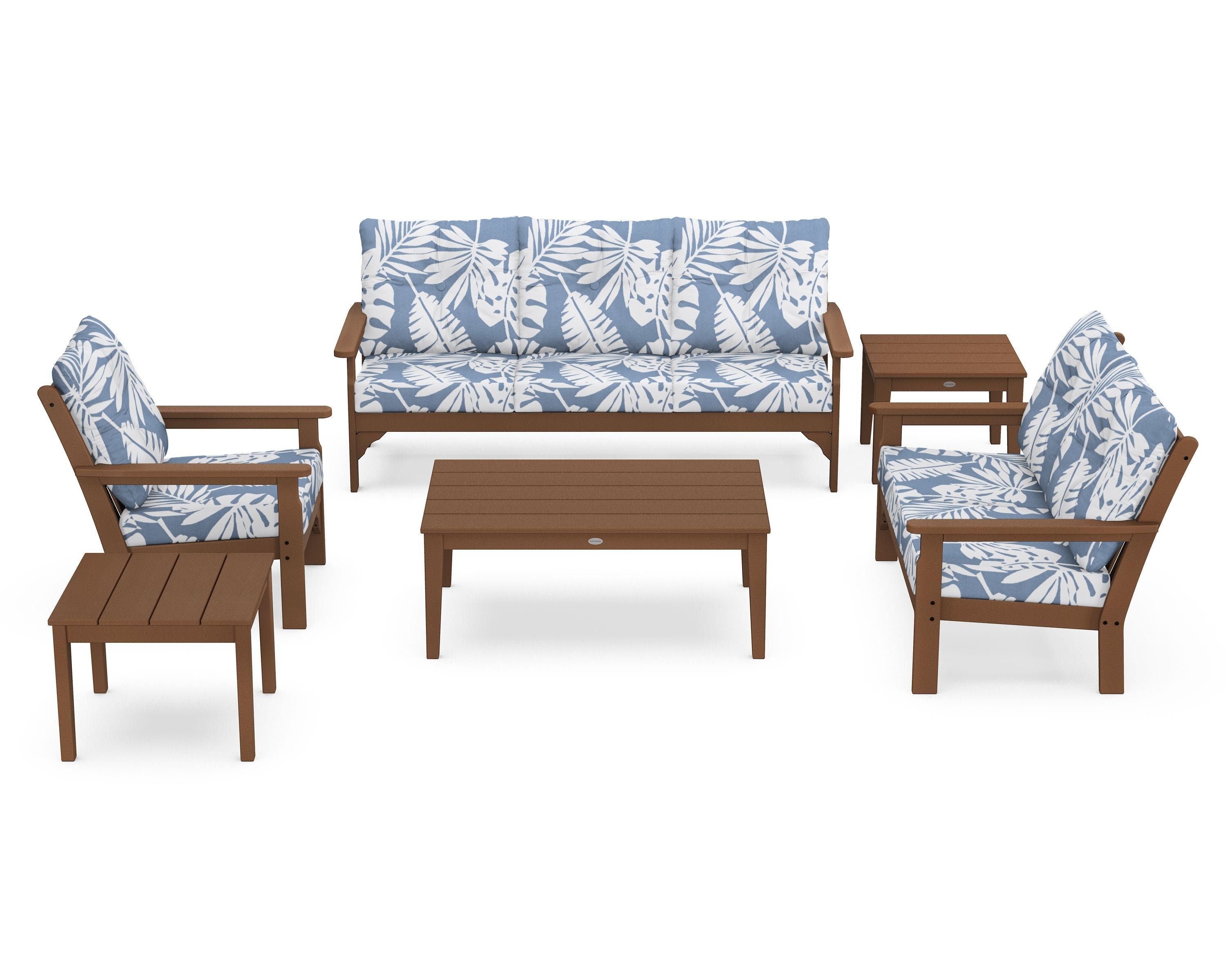 POLYWOOD® Vineyard 6-Piece Deep Seating Set in Teak / Leaf Sky Blue