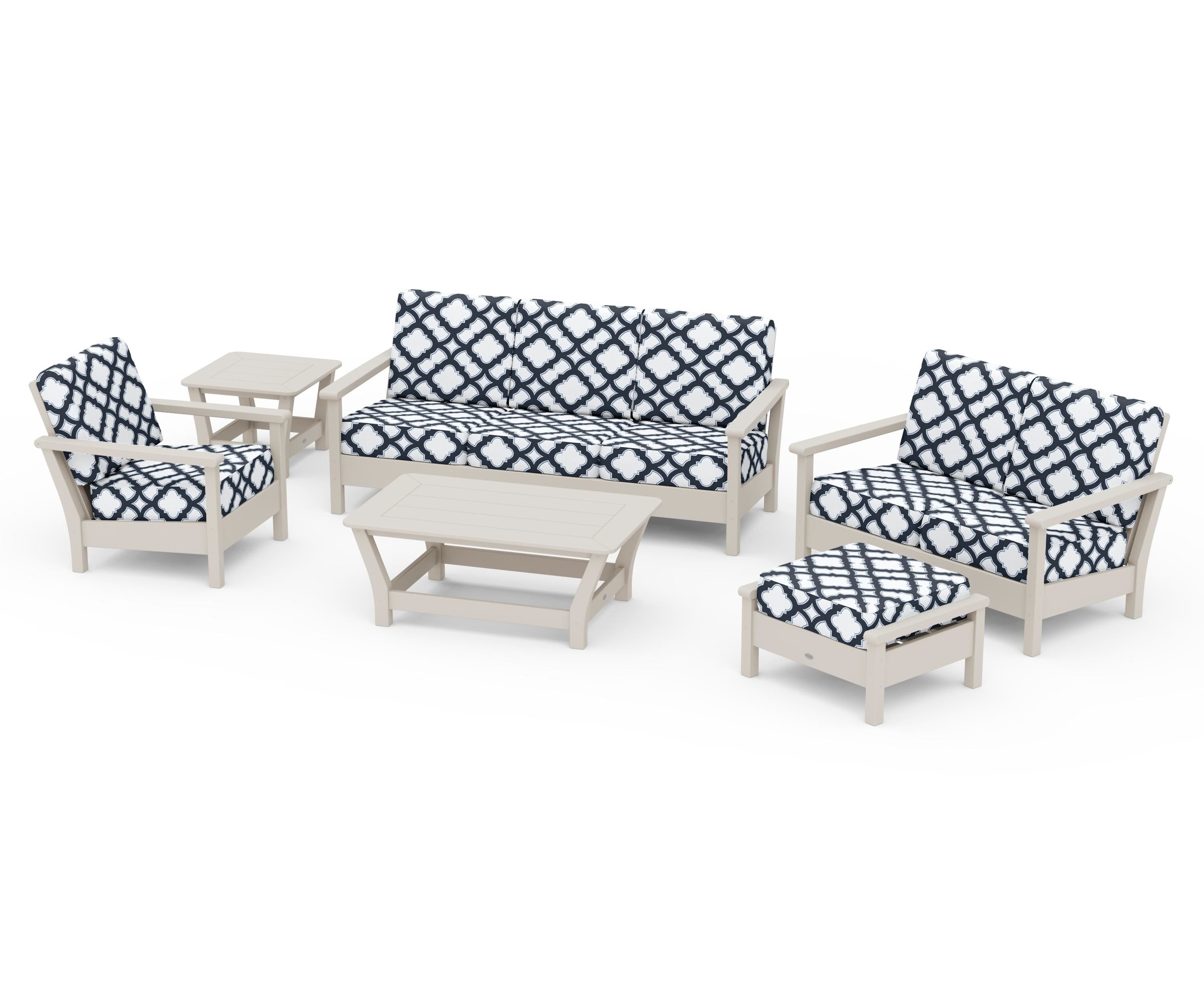 POLYWOOD® Harbour 6-Piece Outdoor Living Set in Sand / Trellis Marine Indigo