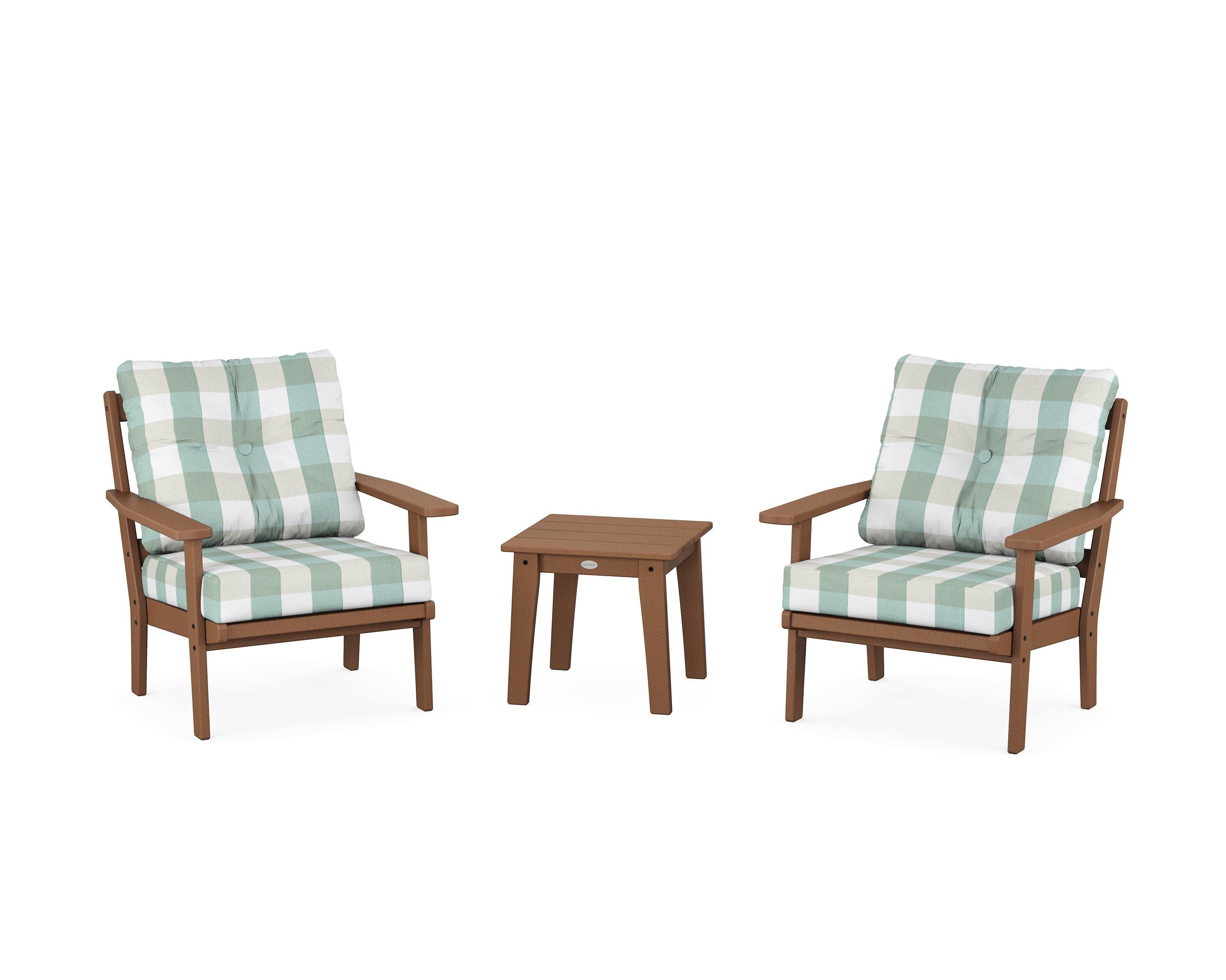 POLYWOOD® Oxford 3-Piece Deep Seating Set in Teak / Buffalo Plaid Glacier Spa