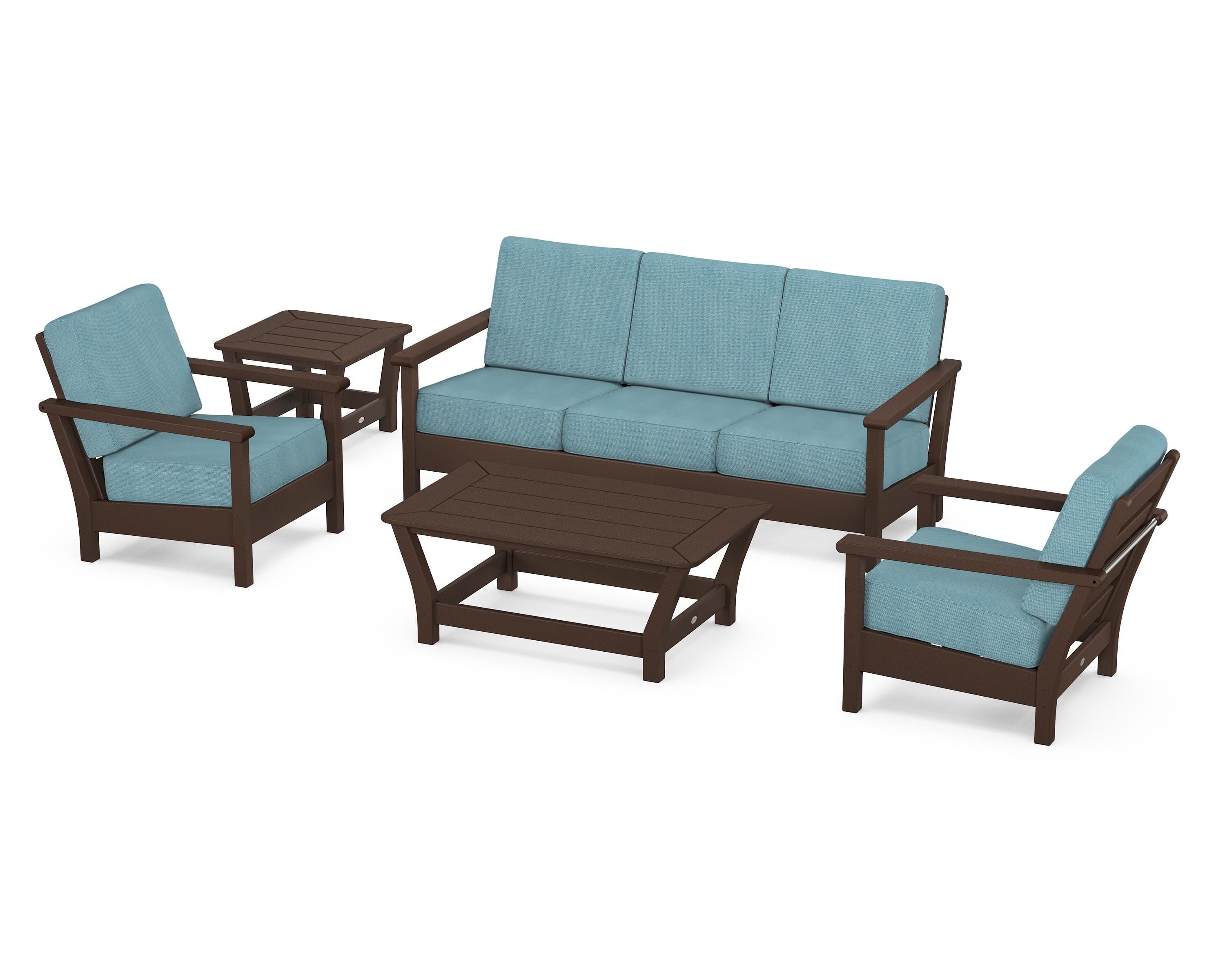 POLYWOOD® Harbour 5-Piece Deep Seating Set in Mahogany / Lattice Sky Blue