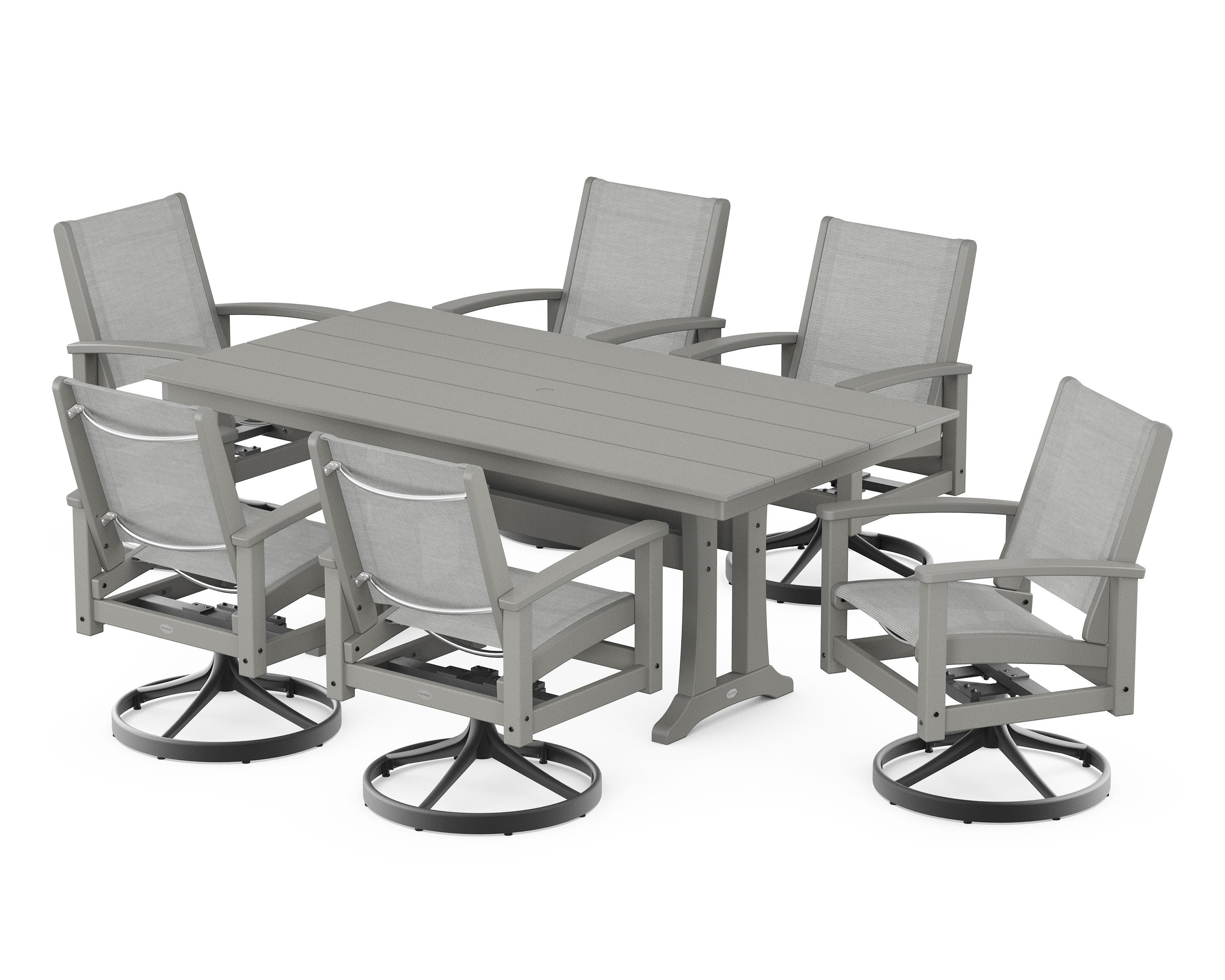POLYWOOD® 7 Piece Coastal Swivel Rocker Dining Set in Textured Black / Slate Grey / Metallic Sling