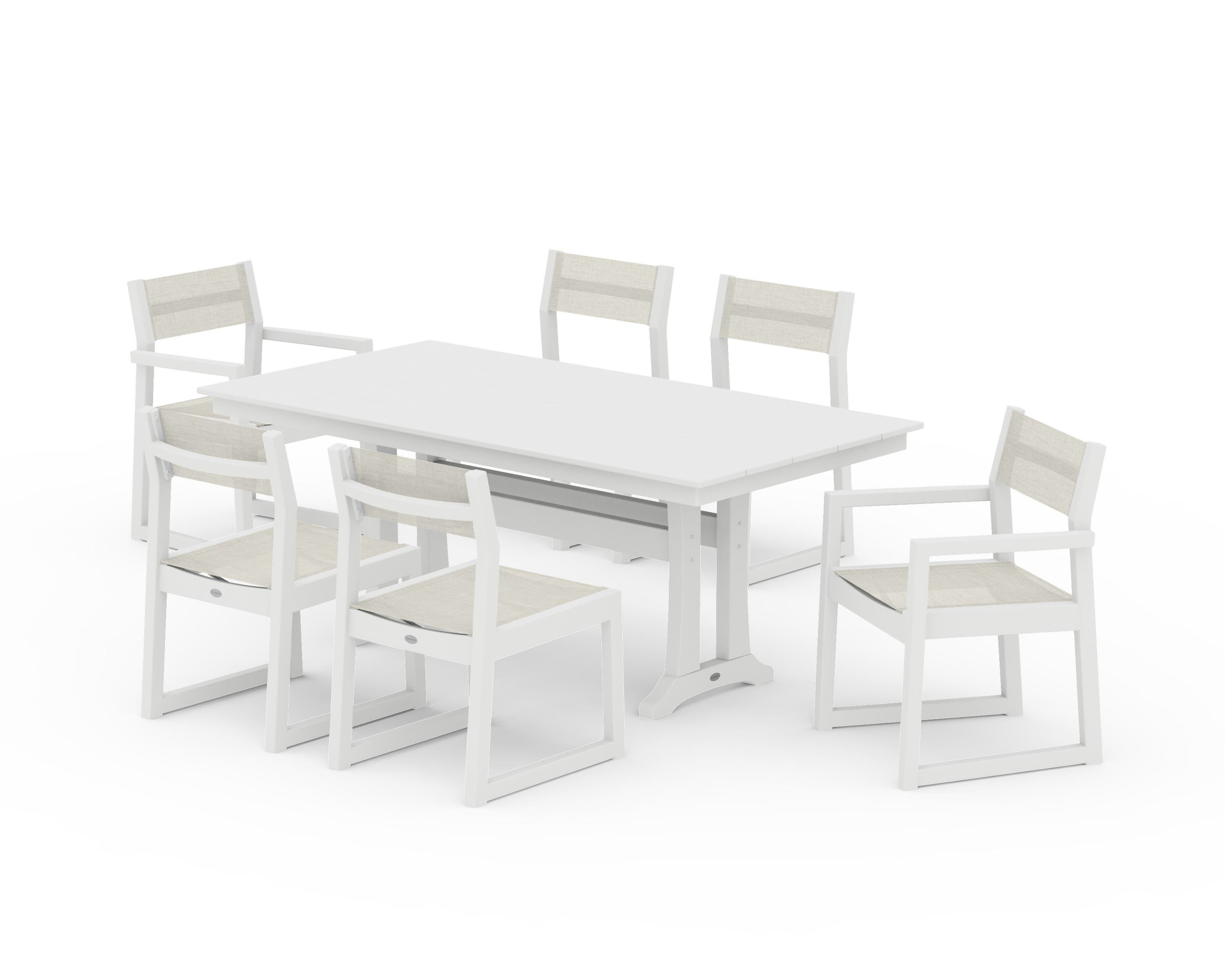 POLYWOOD® EDGE Sling 7-Piece Farmhouse Trestle Dining Set in White / Parchment Sling