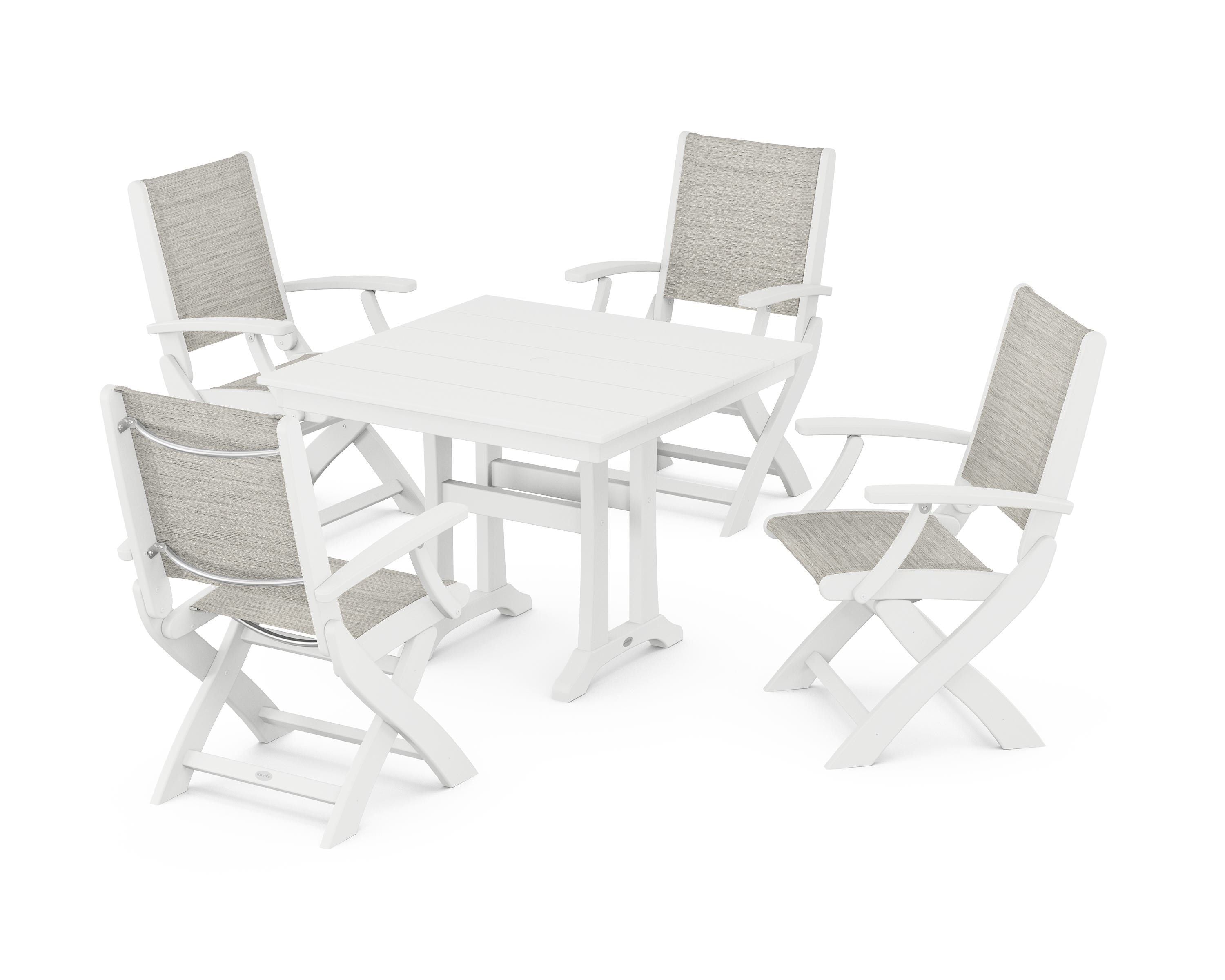POLYWOOD® Coastal Folding Chair 5-Piece Farmhouse Dining Set With Trestle Legs in White / Birch Sling