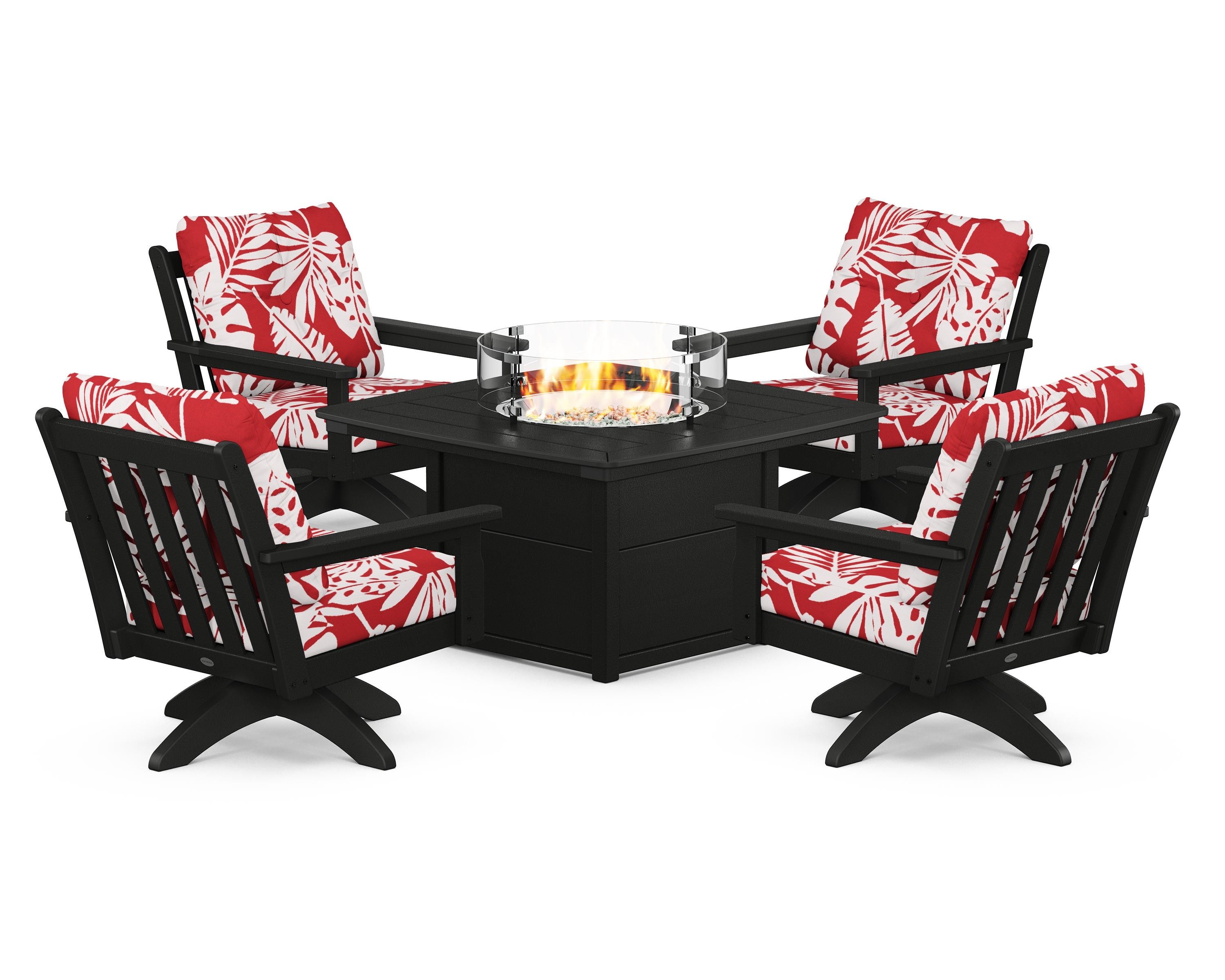 POLYWOOD® Vineyard 5-Piece Deep Seating Swivel Conversation Set with Fire Pit Table in Black / Leaf Crimson