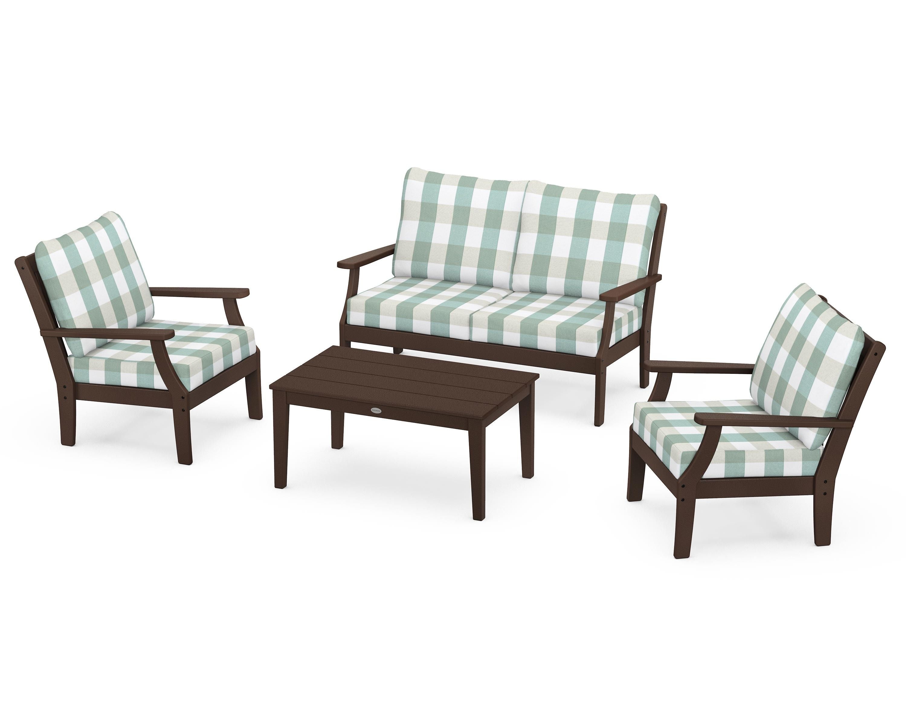 POLYWOOD® Braxton 4-Piece Deep Seating Chair Set in Mahogany / Buffalo Plaid Glacier Spa