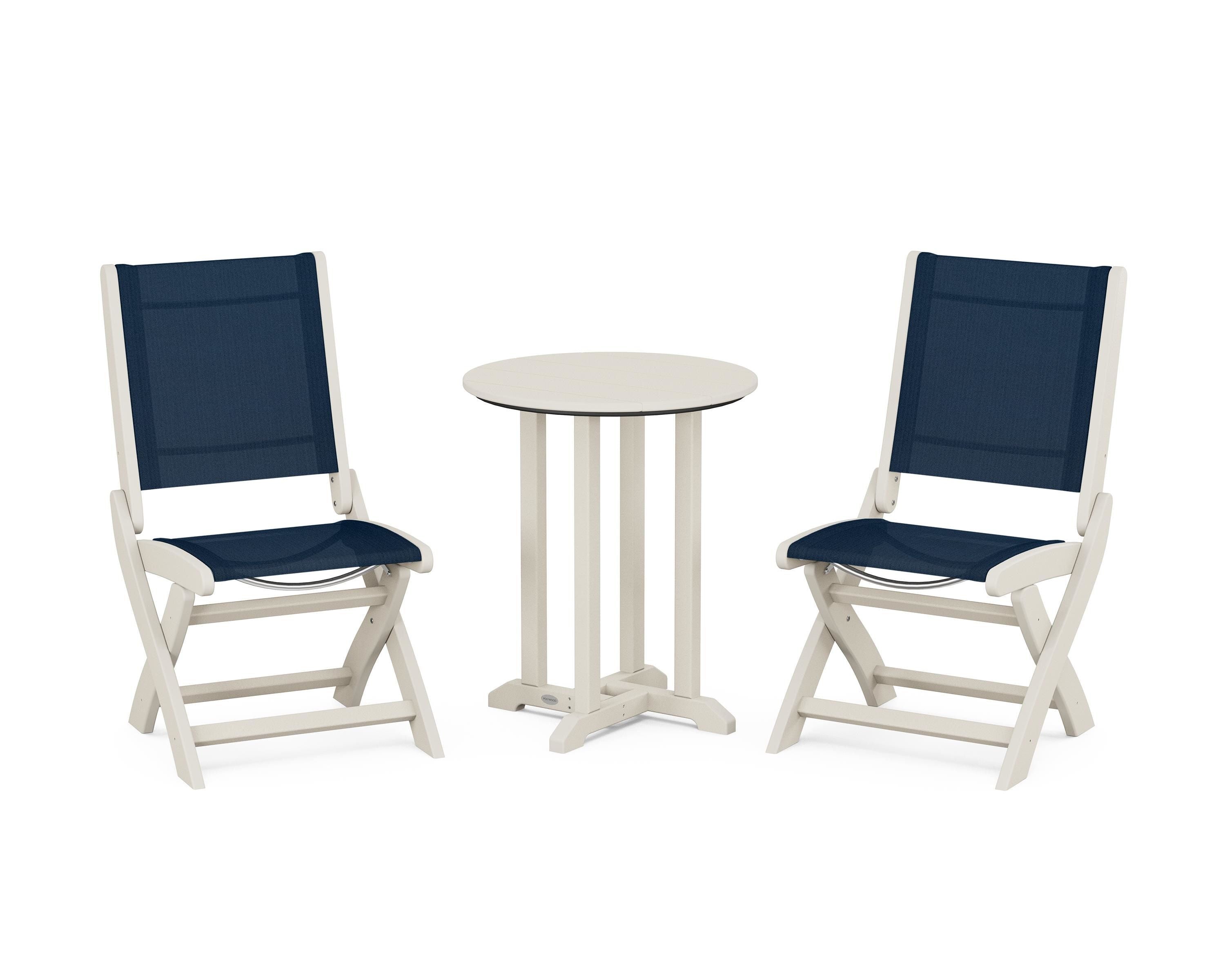 POLYWOOD® Coastal Folding Side Chair 3-Piece Round Bistro Dining Set in Sand / Navy Blue Sling