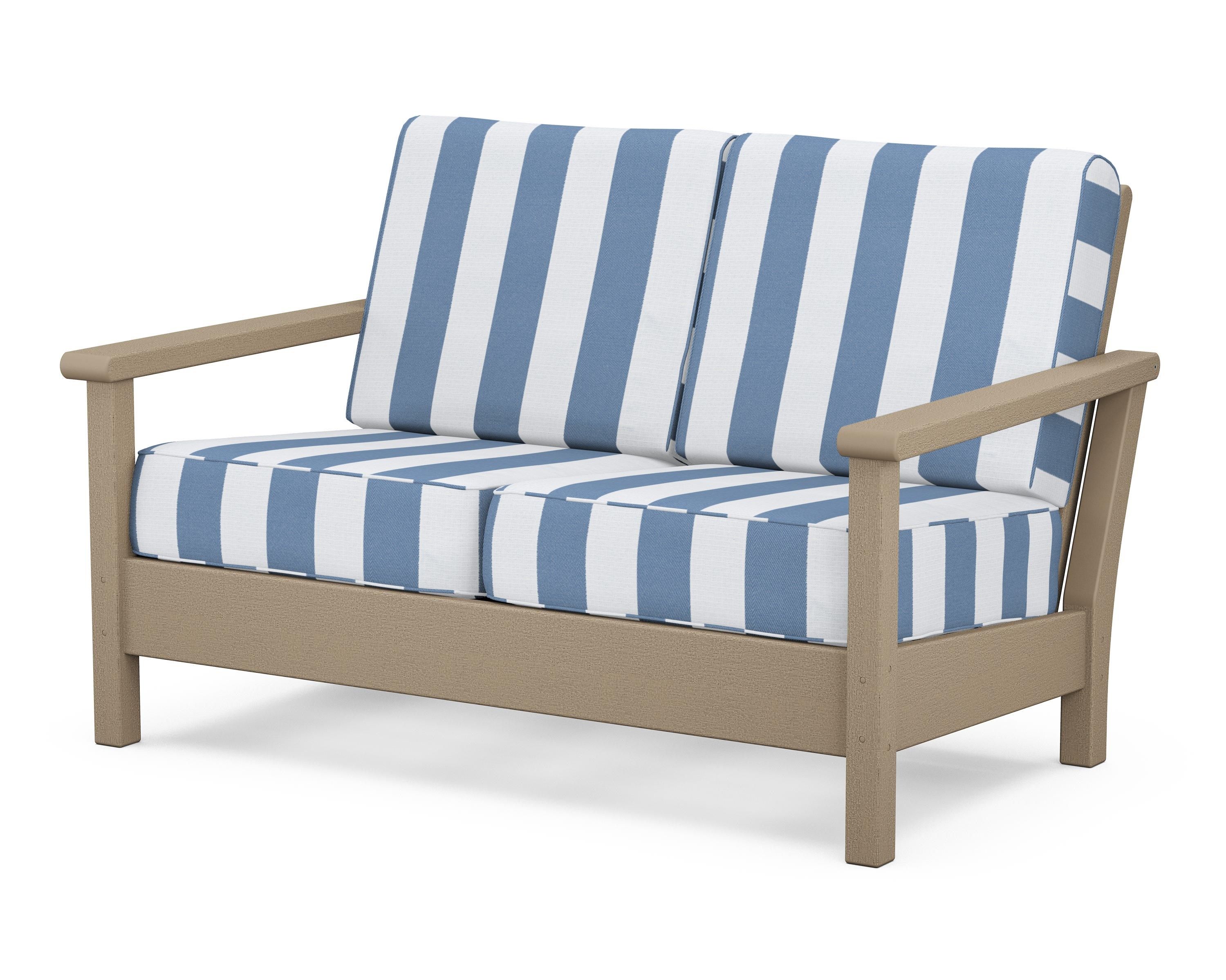 POLYWOOD® Harbour Deep Seating Loveseat in Vintage Sahara / Cabana Stripe Sky Blue
