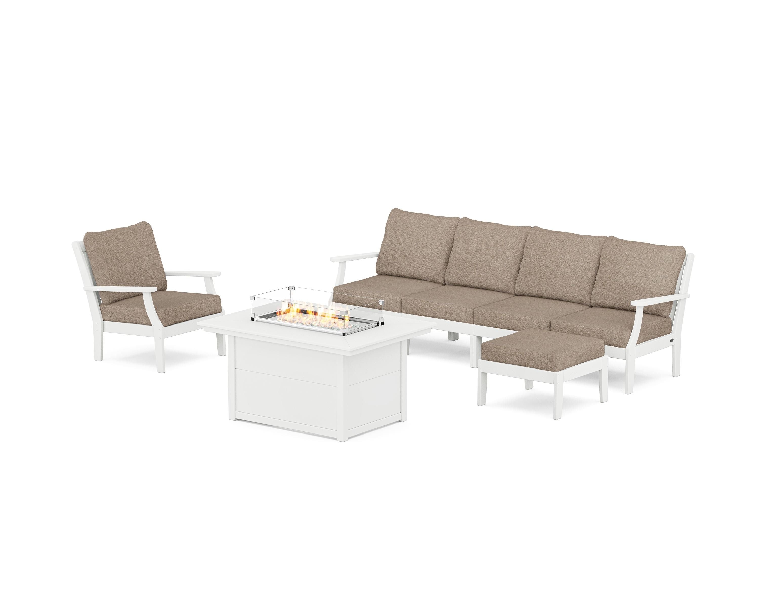 POLYWOOD® Braxton Sectional Lounge and Fire Pit Set in White / Spiced Burlap